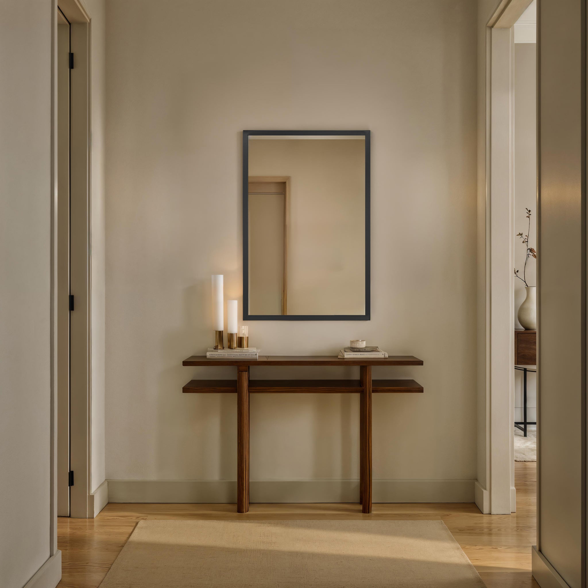 Elvas mirror displayed in a hallway above a wooden console table.