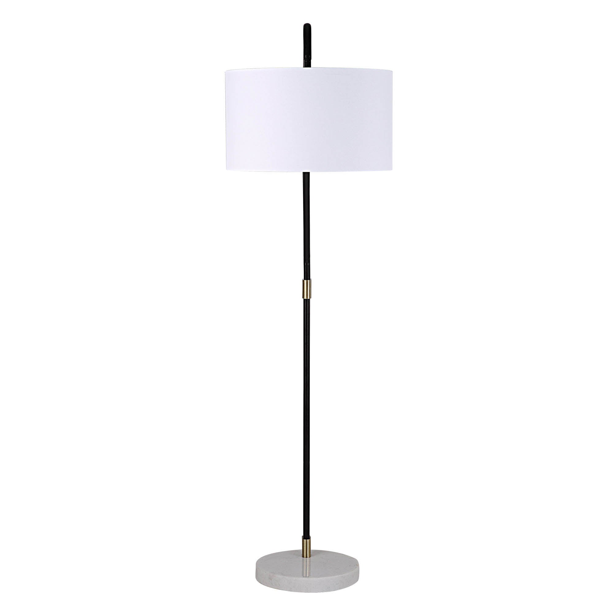 Wroxton Floor Lamp featuring a white cylindrical shade, black metal stem, and a round marble base with brass accents.