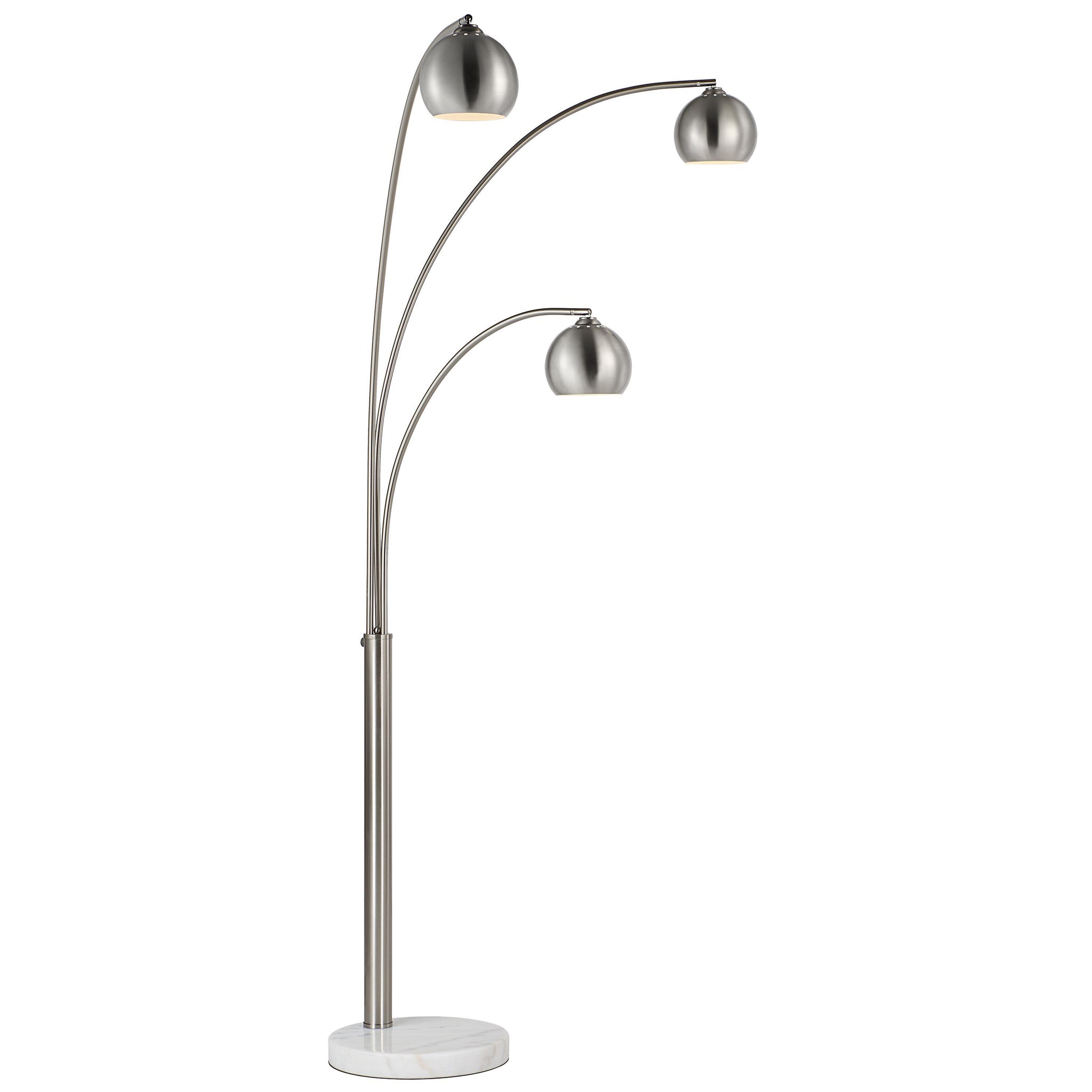 Aguillard floor lamp showcasing three arching arms and polished metallic shades, set on a marble base.
