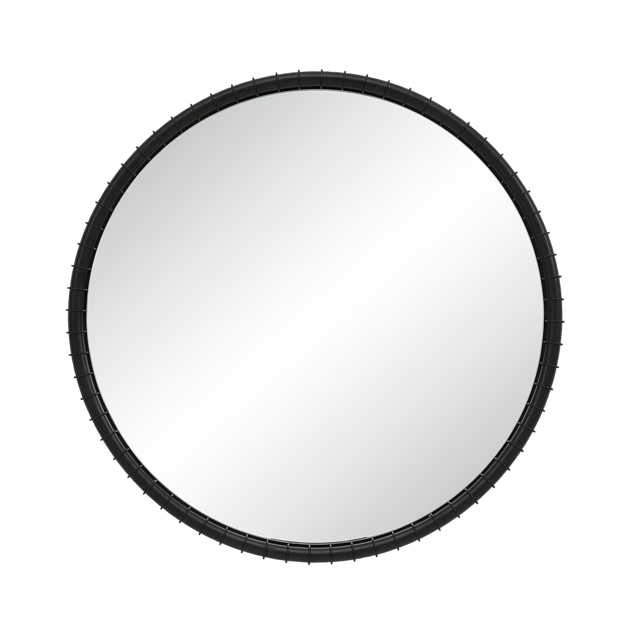 Timo mirror by Renwil, round shape with a black textured frame, reflecting light.