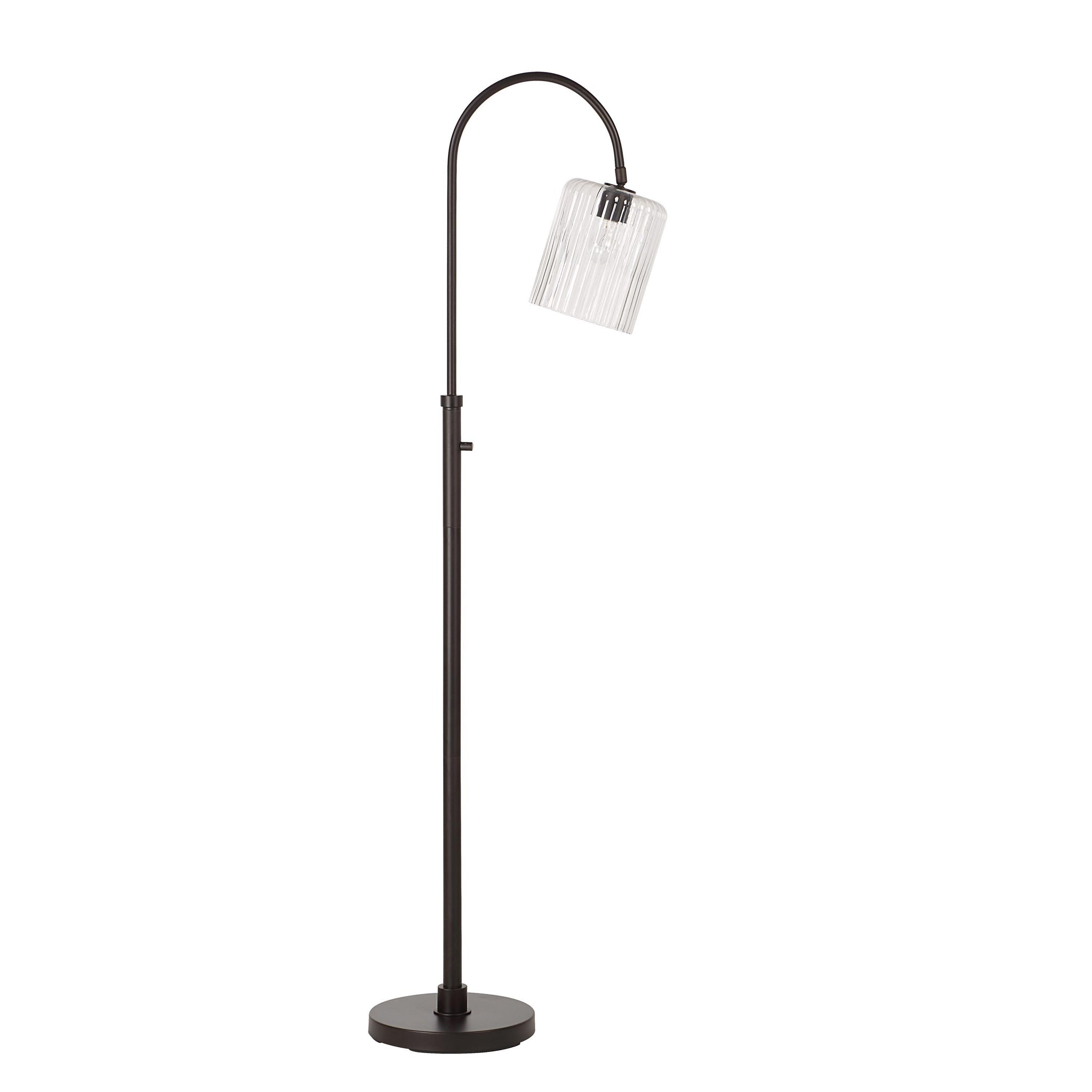 Danae floor lamp with a curved arm and ribbed glass shade, black metal design.