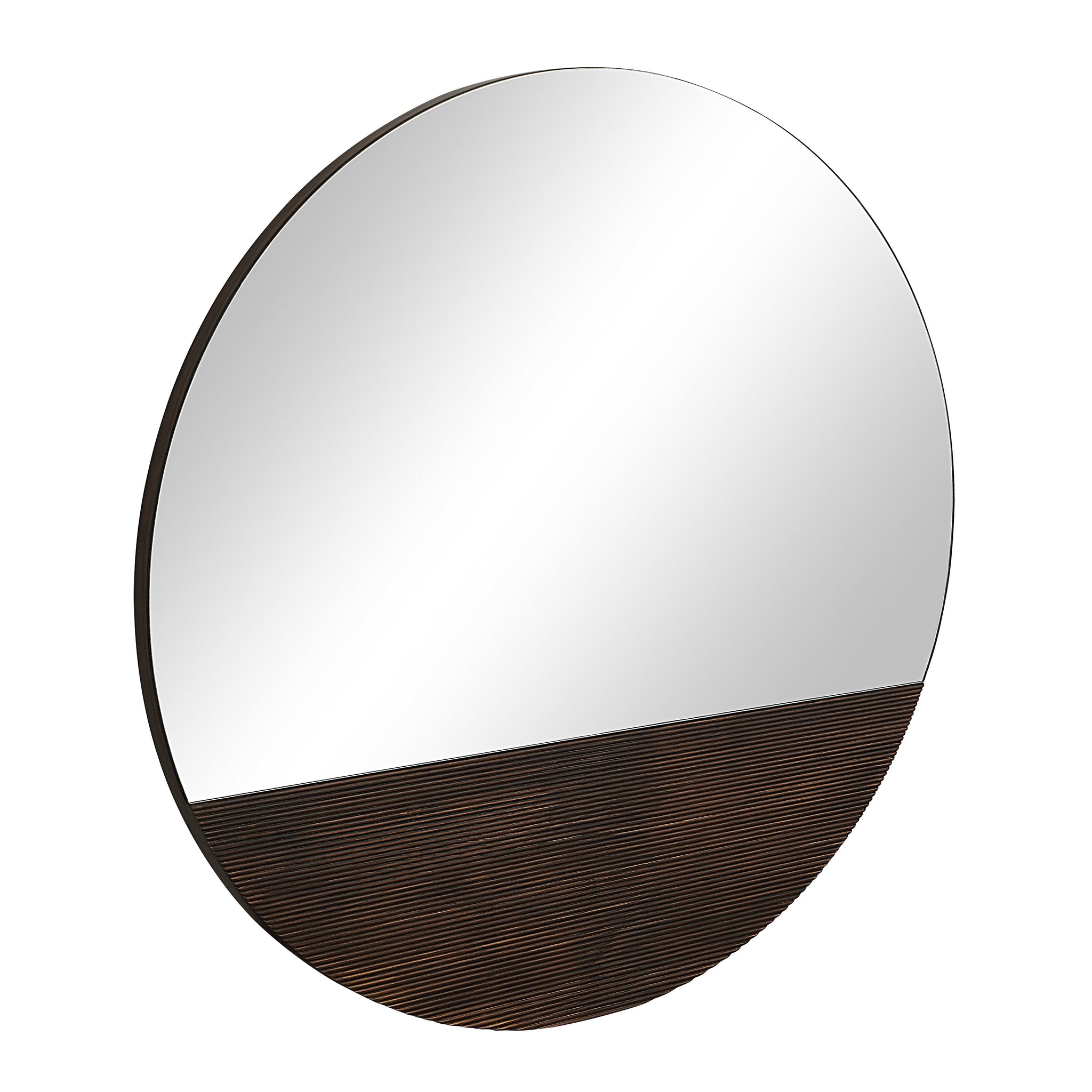 Ronda mirror with a round design and a dark wood base, angled view.