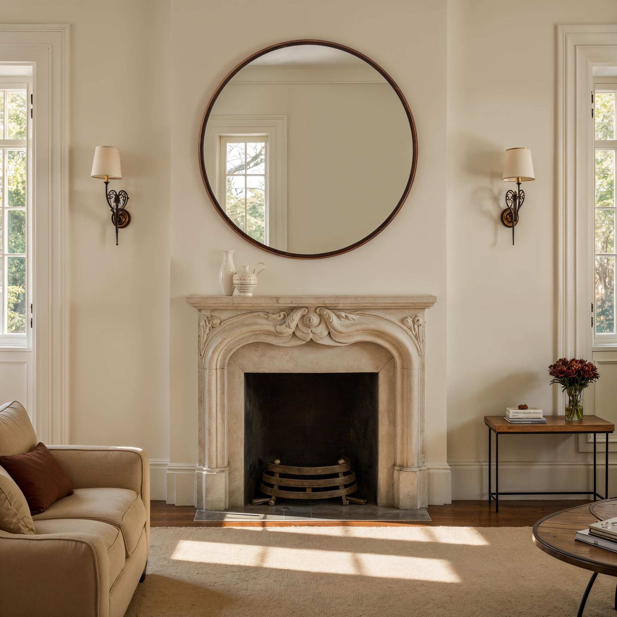 Cabiria mirror above a stone fireplace in a stylish living room setting.