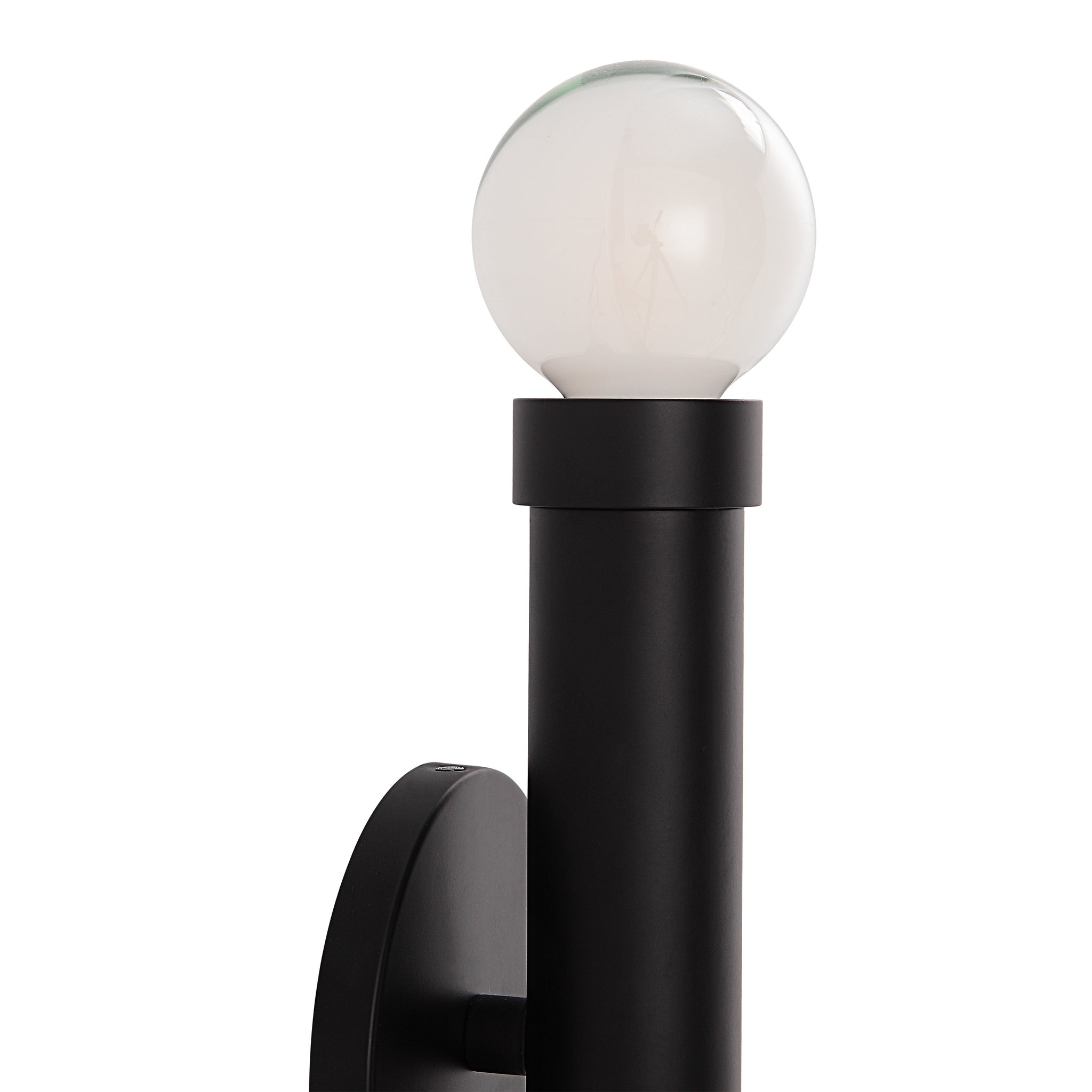 Alika Wall Sconce by Renwil, close-up of black metal body and round glass bulb