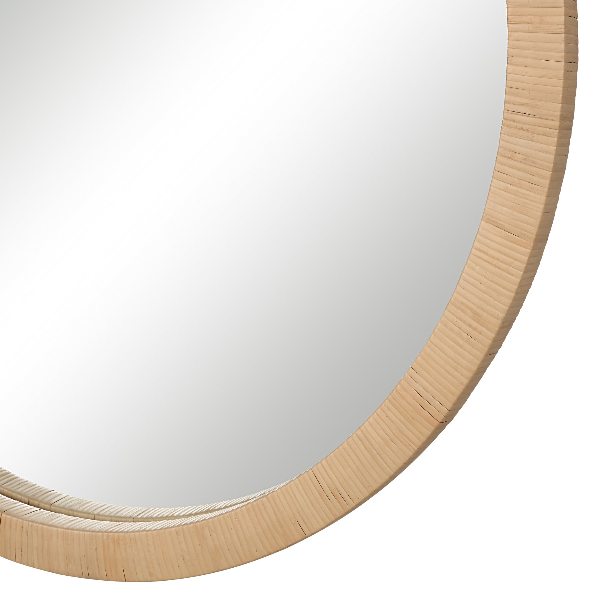 Rita mirror displaying a close-up view of its round shape and detailed natural wood frame.