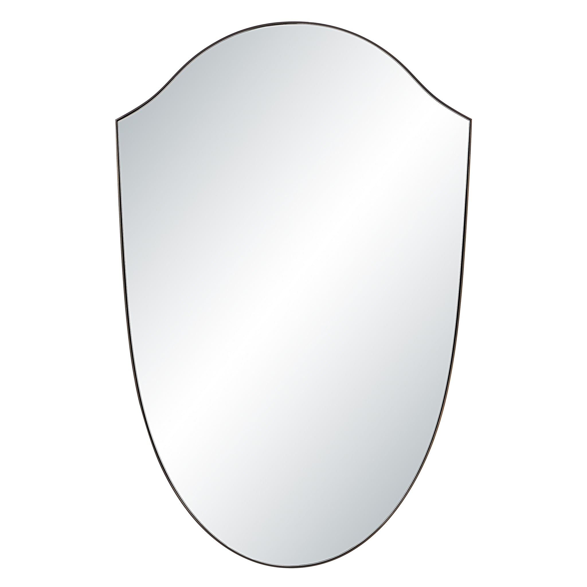 Reims mirror by Renwil, shield-shaped, reflective surface with smooth edges.