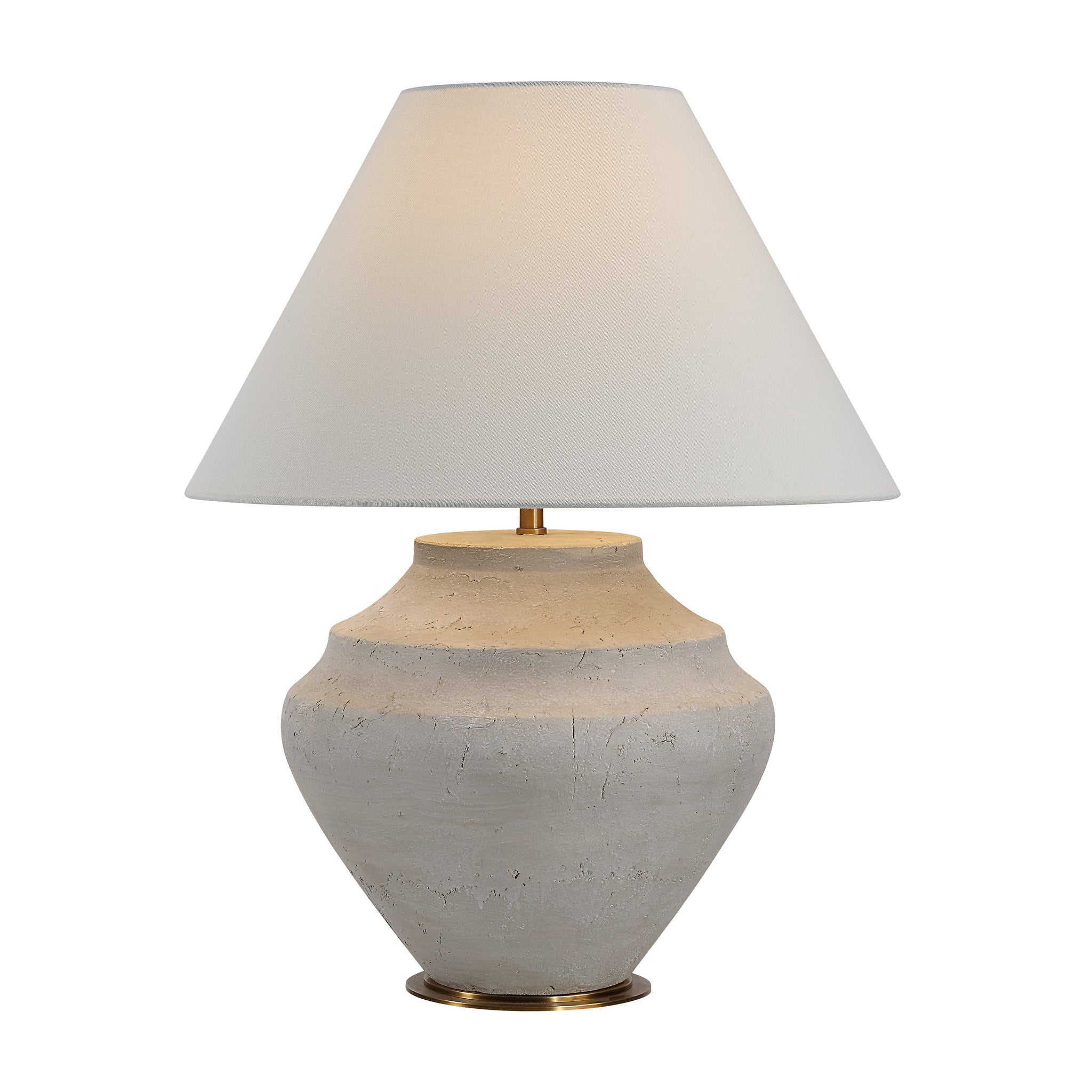 Iulia Table Lamp illuminated with a white shade and gray ceramic base