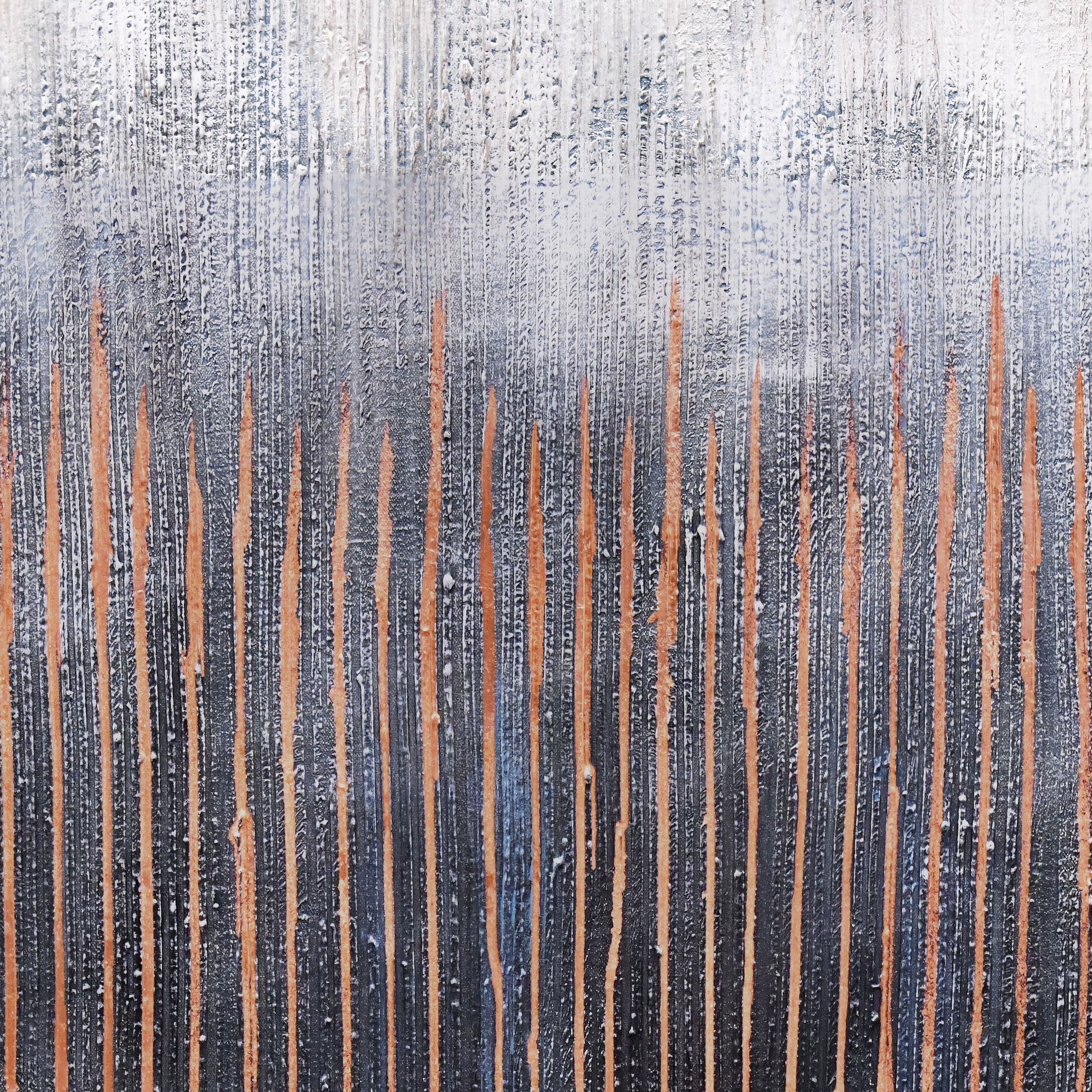 Close-up of Flynn canvas art highlighting vertical copper lines on a textured gray and black surface.
