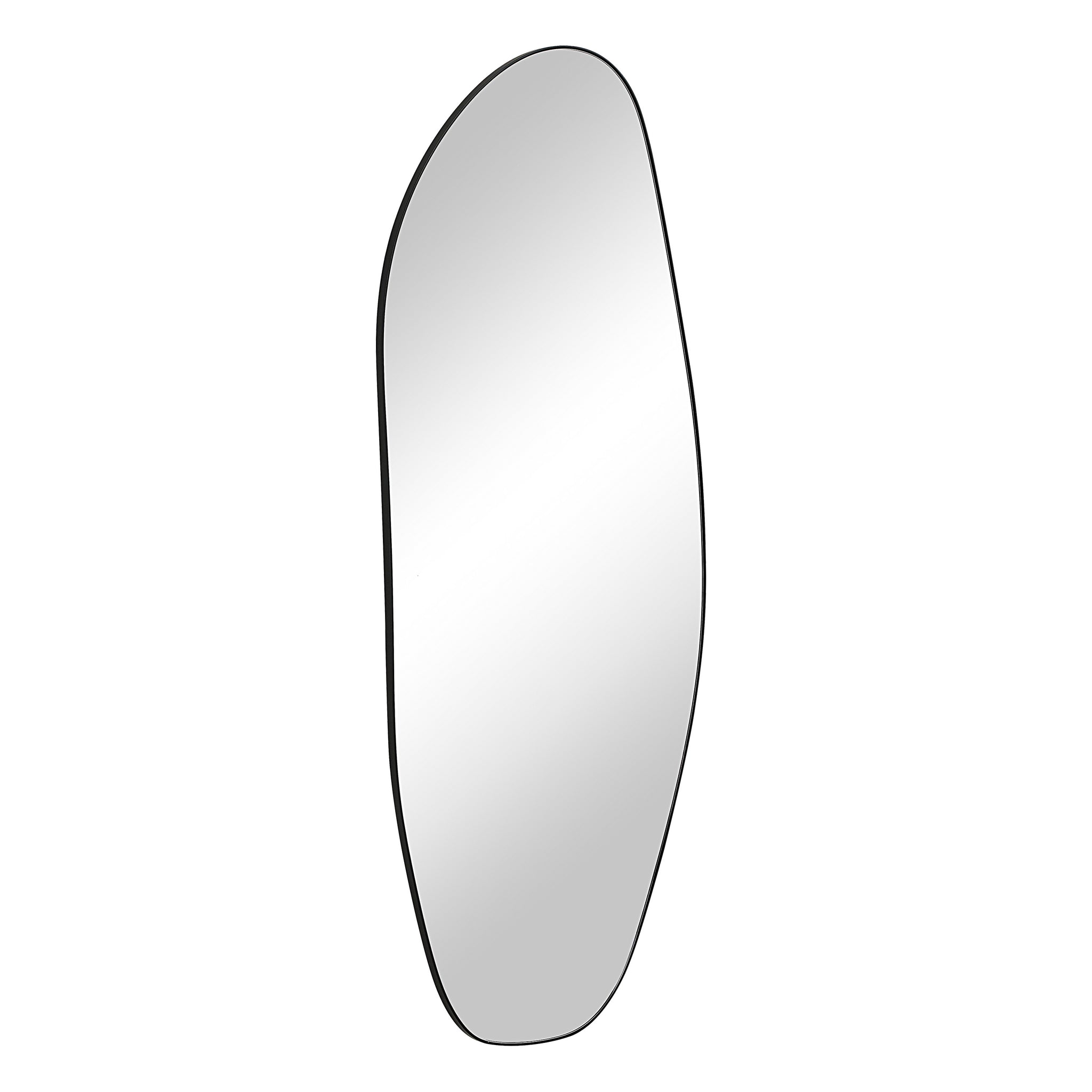 Enina mirror by Renwil, elongated oval design featuring a shiny reflective surface and black border.