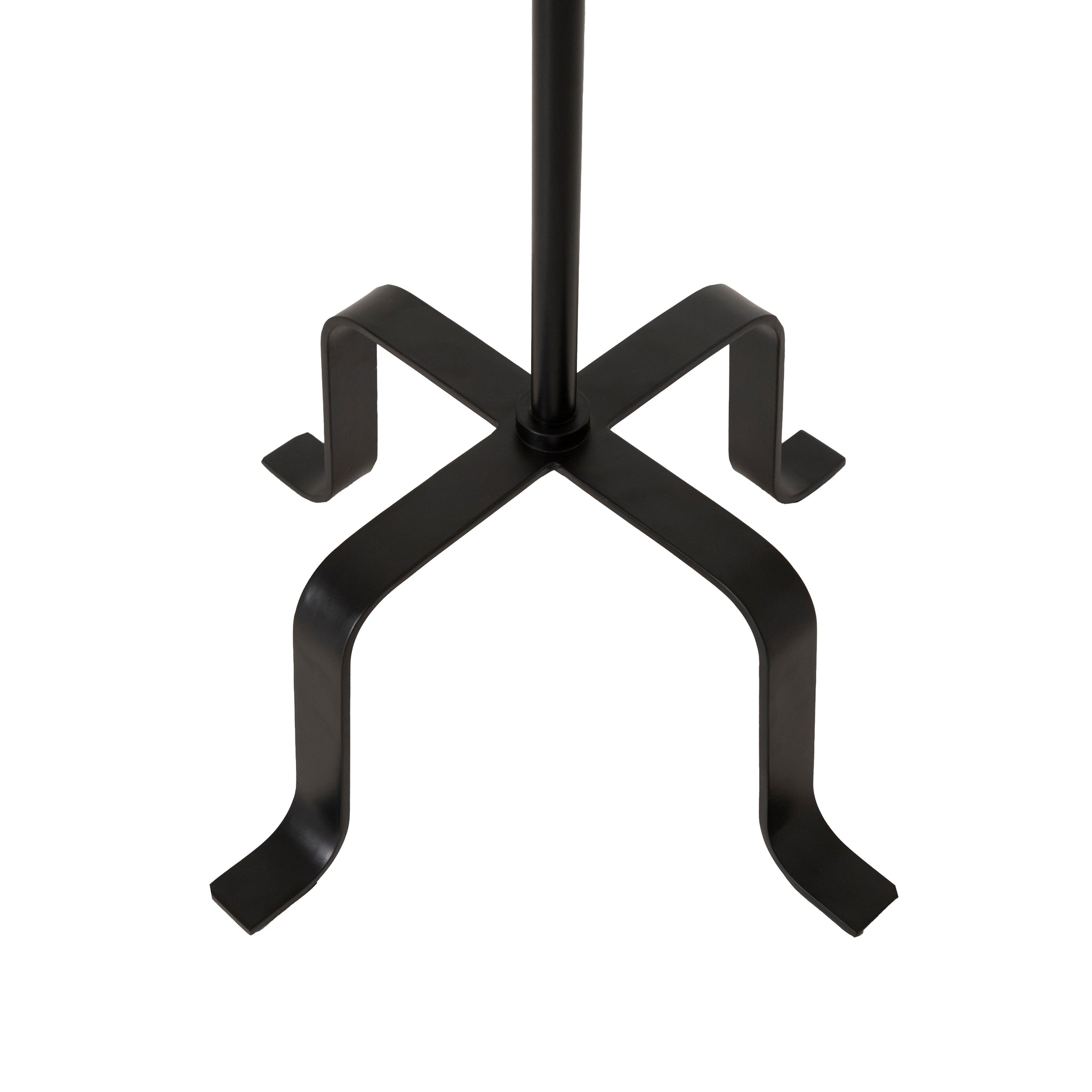 Ruslur black metal floor lamp base with a unique cross design and curved legs, viewed from above.