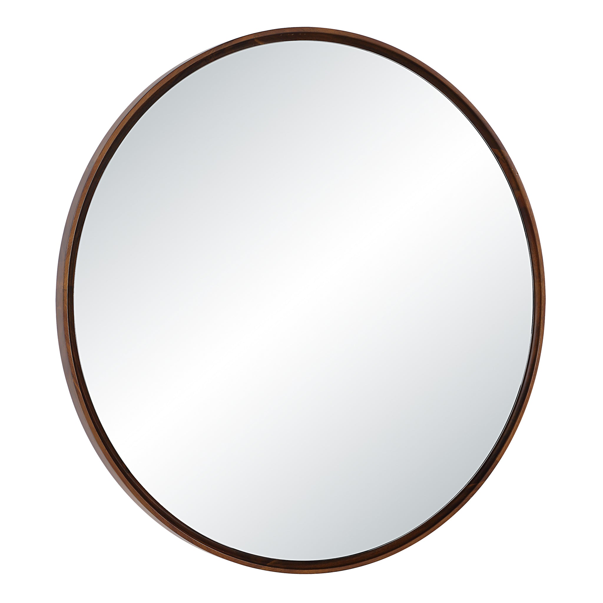 Cabiria mirror featuring a round design and dark wood frame, shown at an angle.