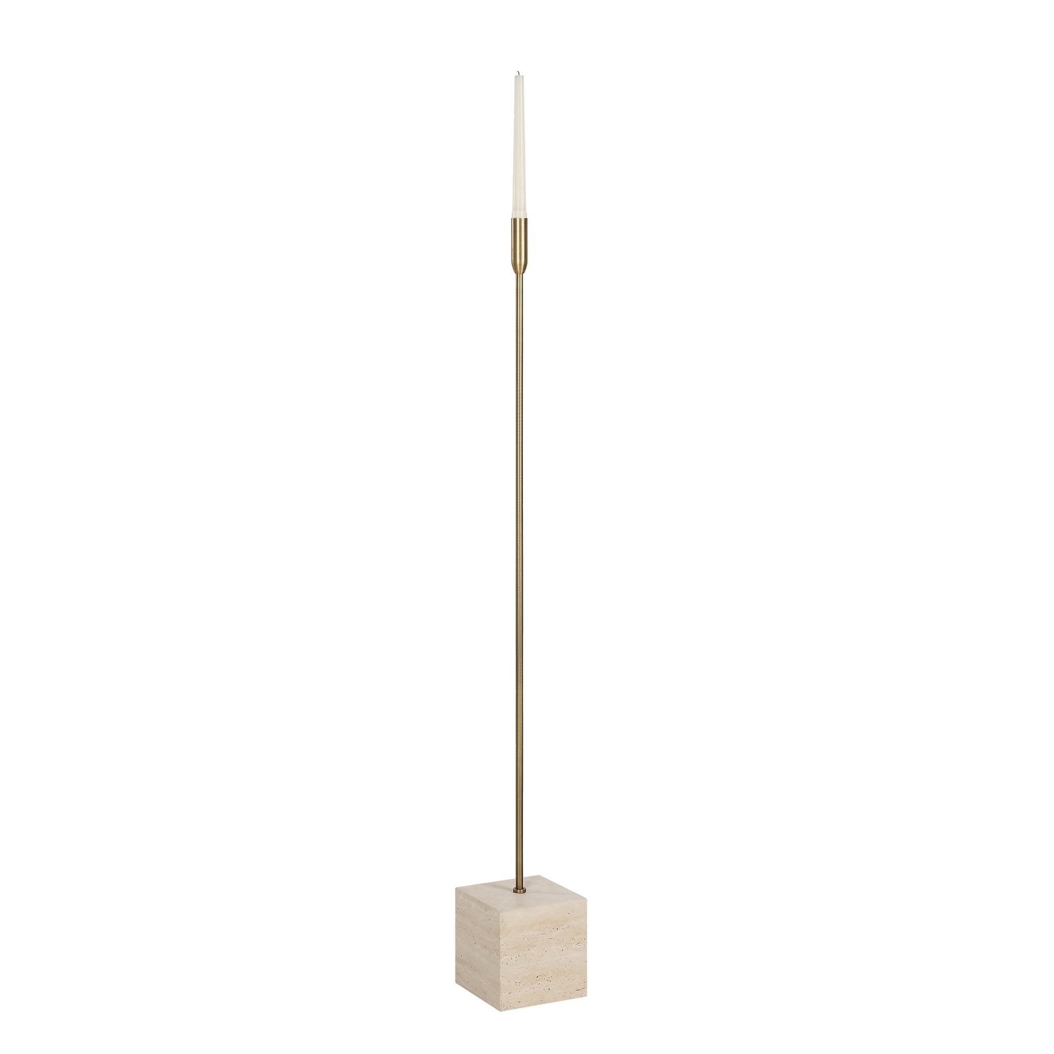 Chambers single candle holder featuring a brass stem and beige stone base