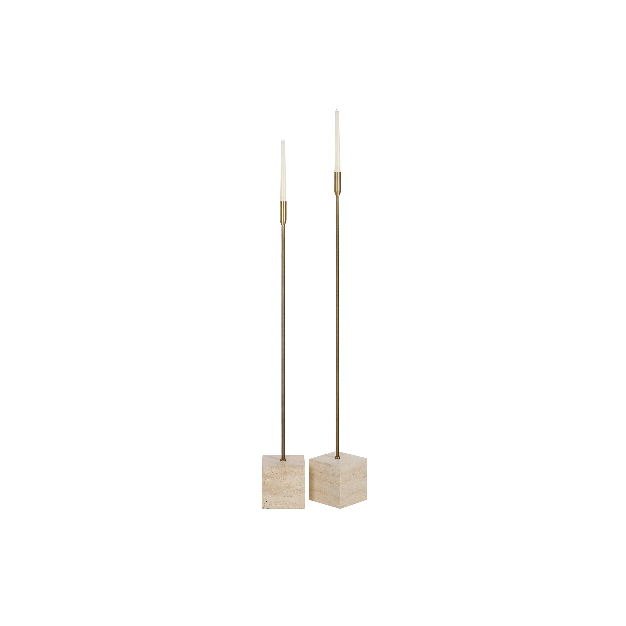 Chambers candle holder set with two tall brass candle holders on beige stone bases