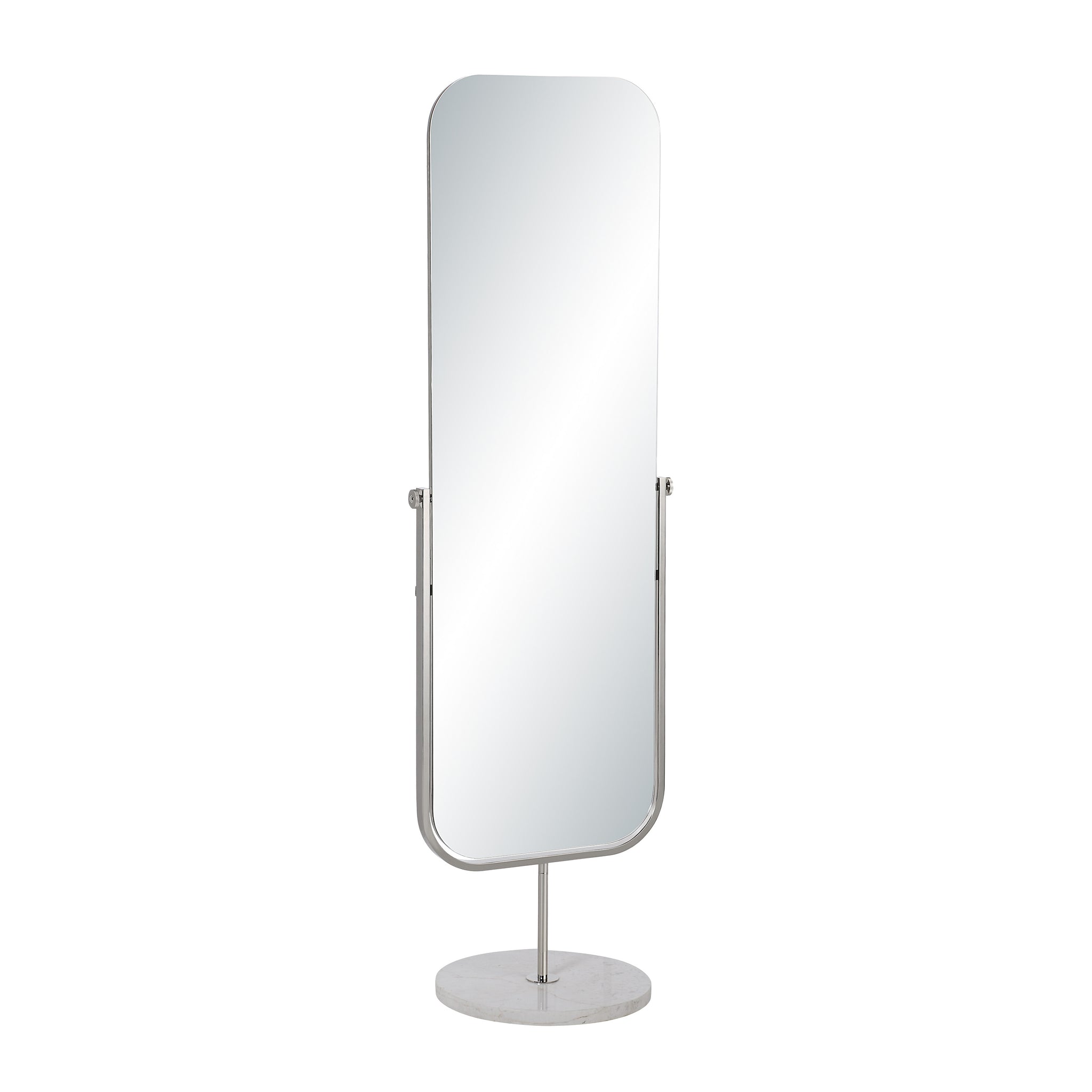 Mandra mirror by Renwil, sleek standing mirror with rounded edges, silver frame, and marble base.
