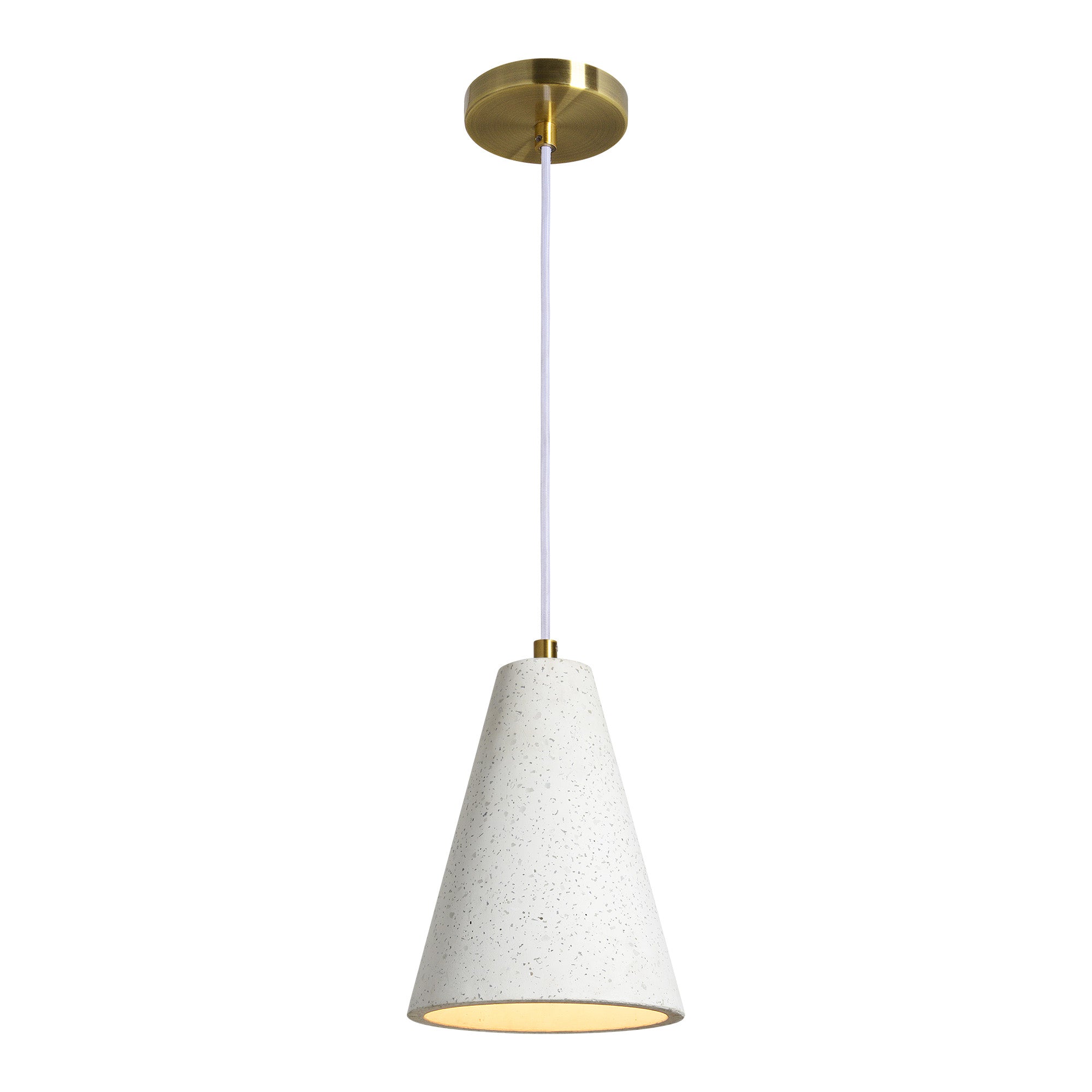 Paula ceiling light fixture in white concrete, cone shape with brass mount, illuminated view.