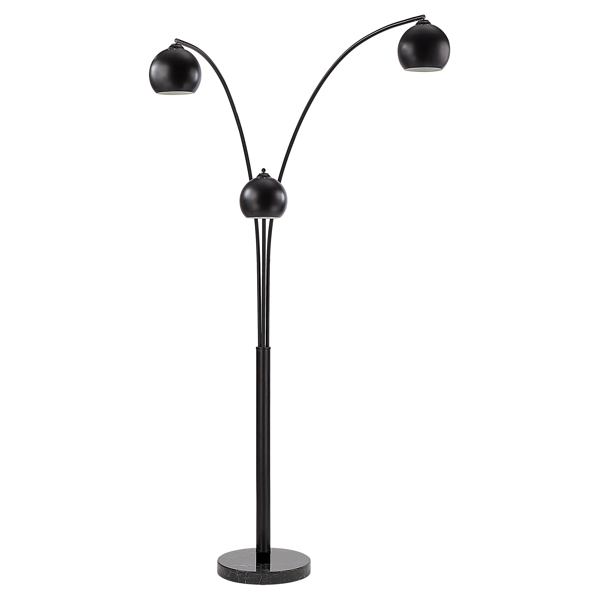 Folia Floor Lamp with two black shades and a round marble base, viewed from the front.