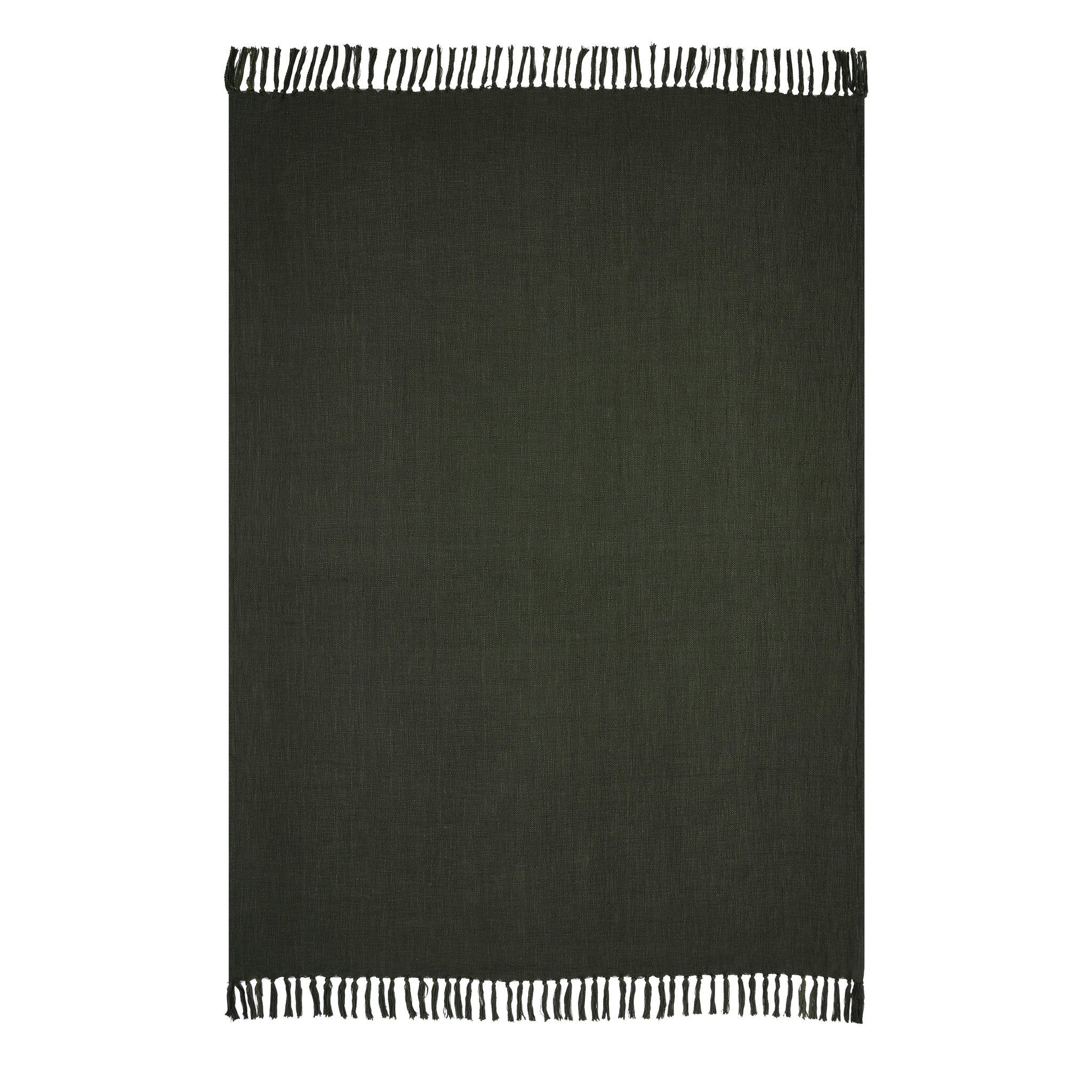 Chalamet Throw Blanket in dark green with fringed edges, flat view.