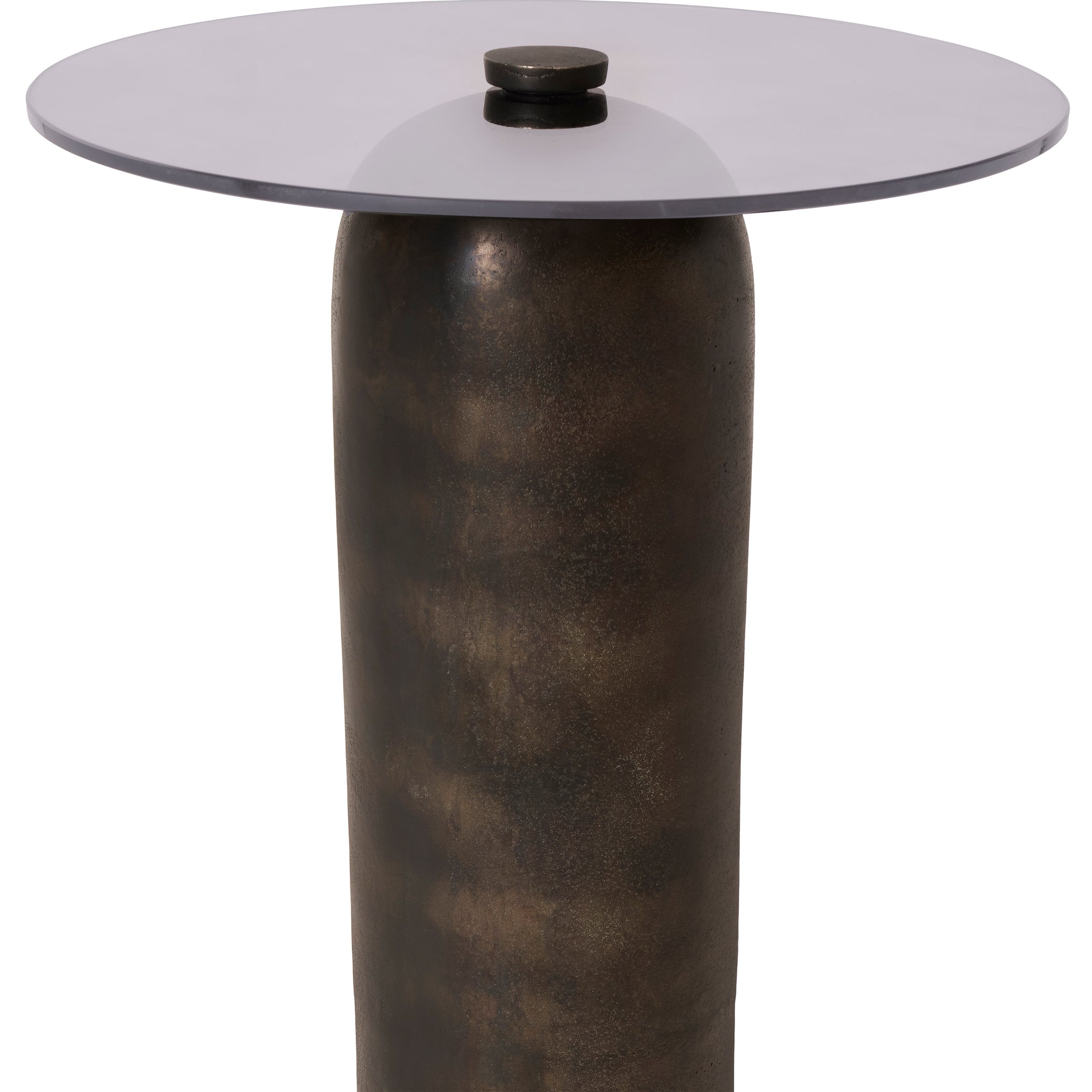Arta accent table featuring a dark bronze base and a round smoky glass top with a central knob.