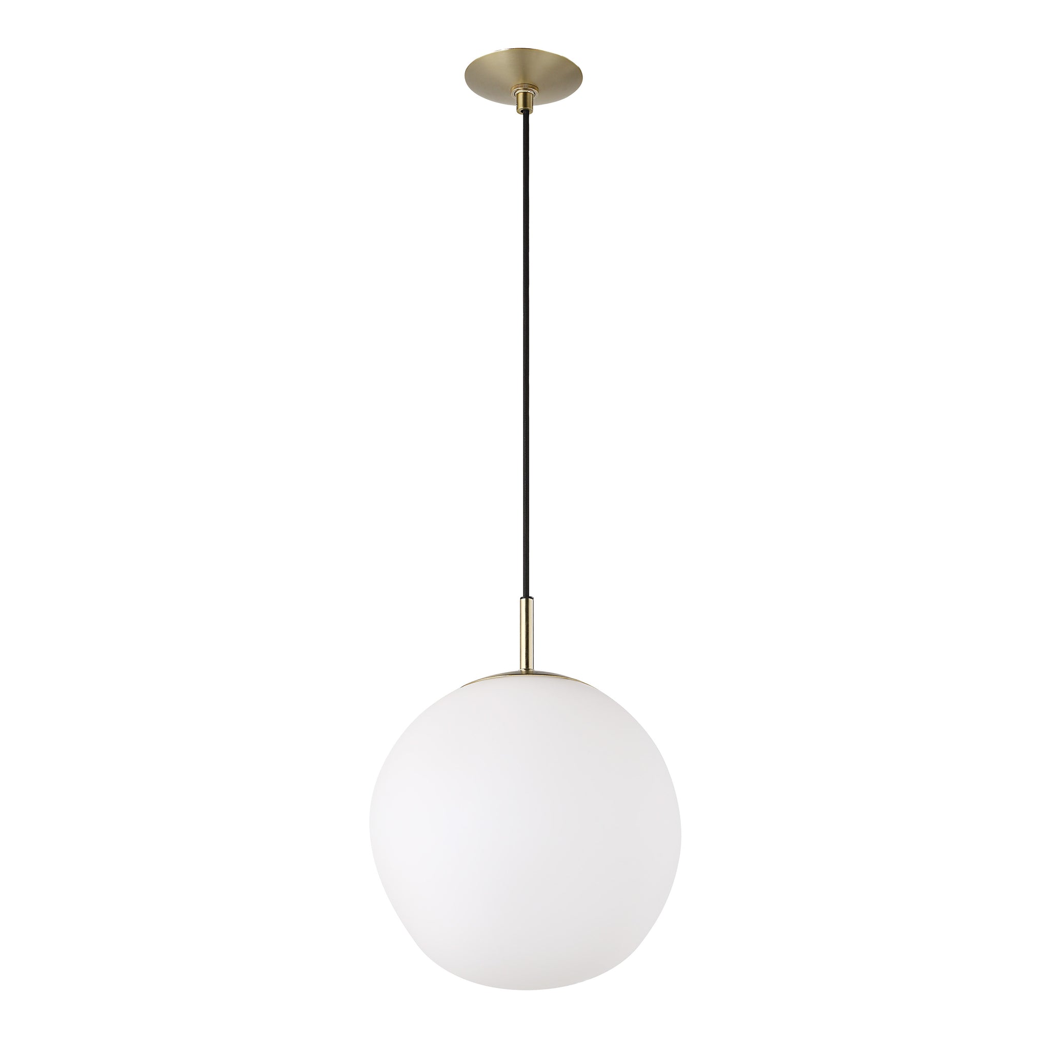Koa ceiling fixture featuring a white glass orb and brass top, hanging from a black cable.