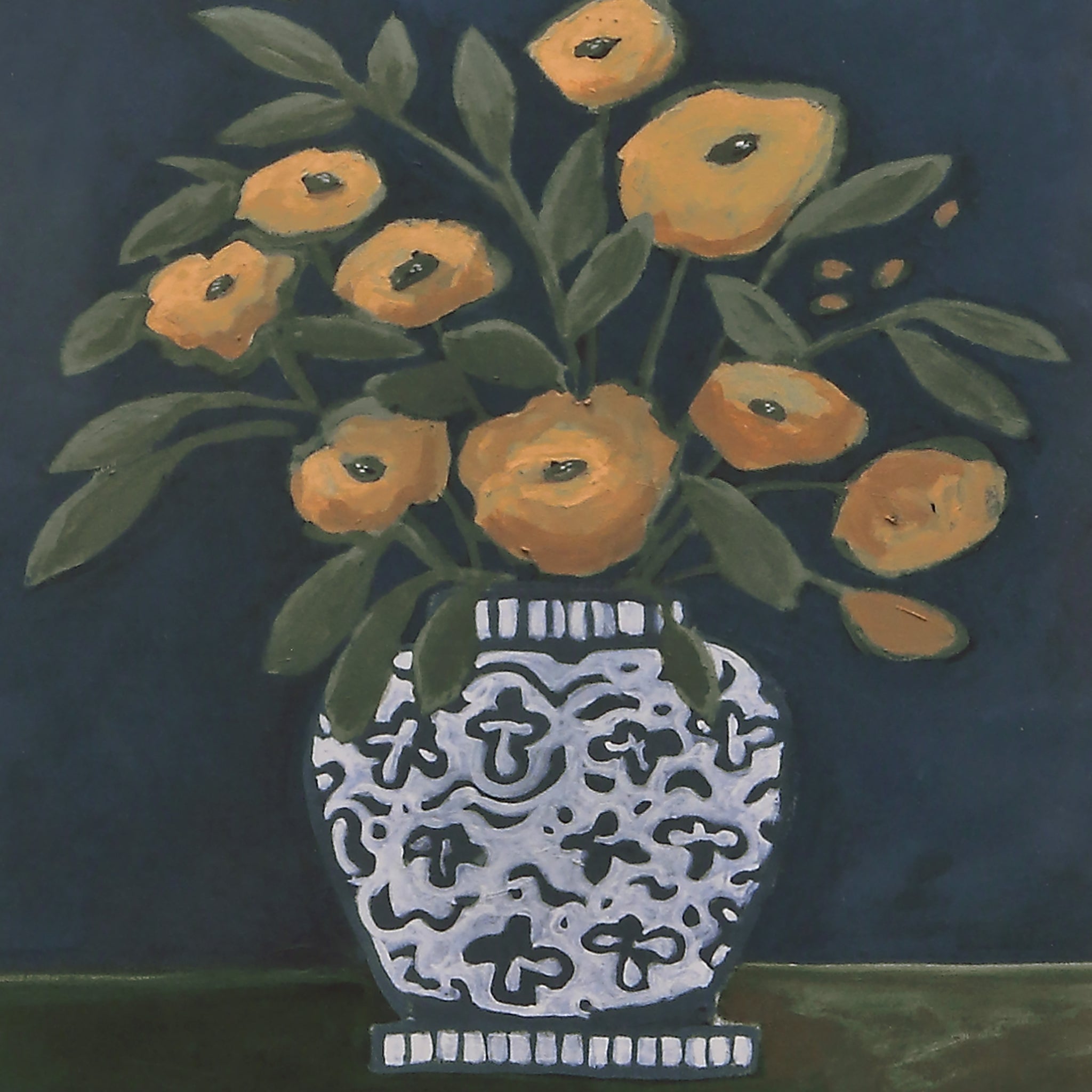Close-up of Henriette artwork depicting a vase filled with yellow flowers and green leaves