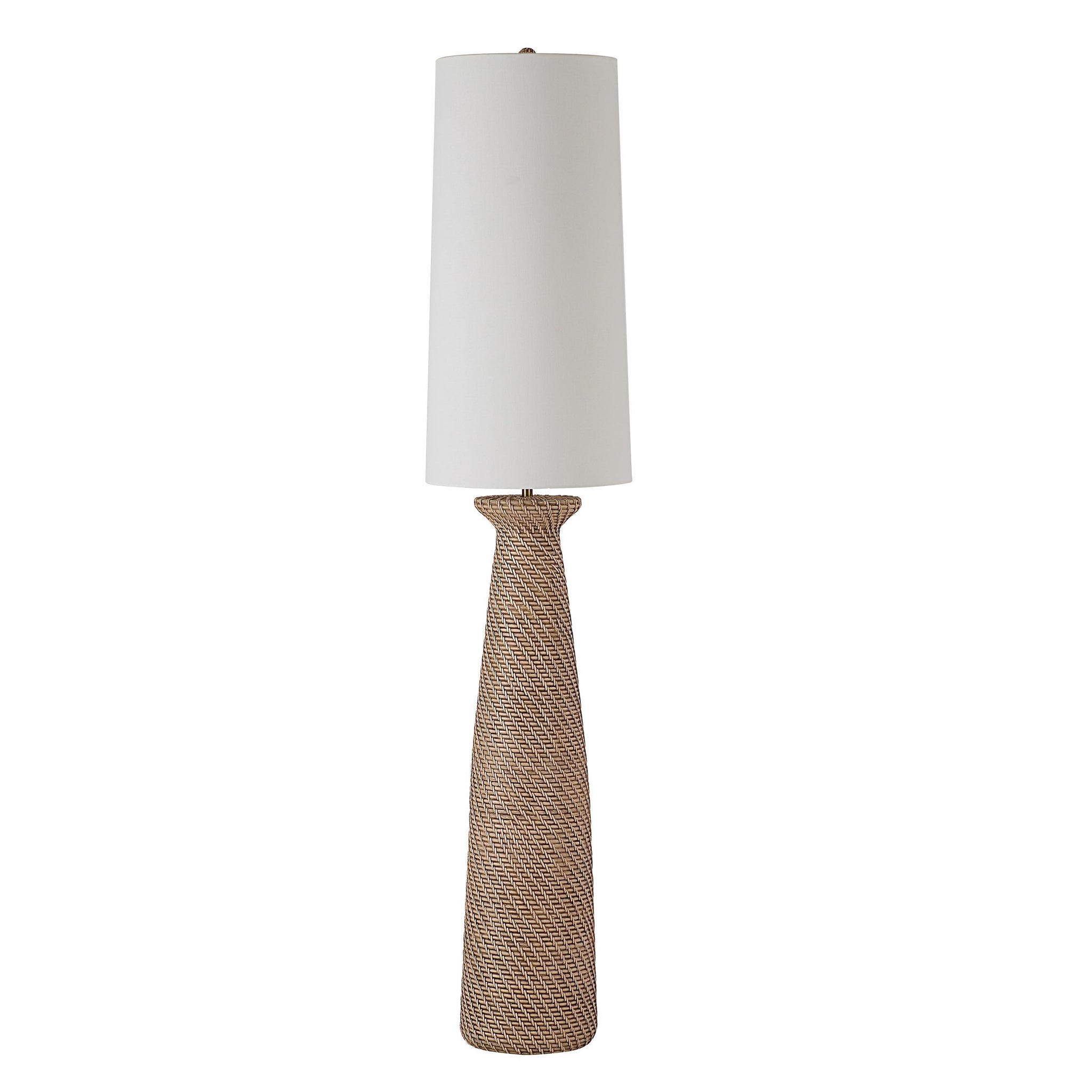 Nathalie floor lamp with a woven base and white cylindrical shade, showcasing a modern design.