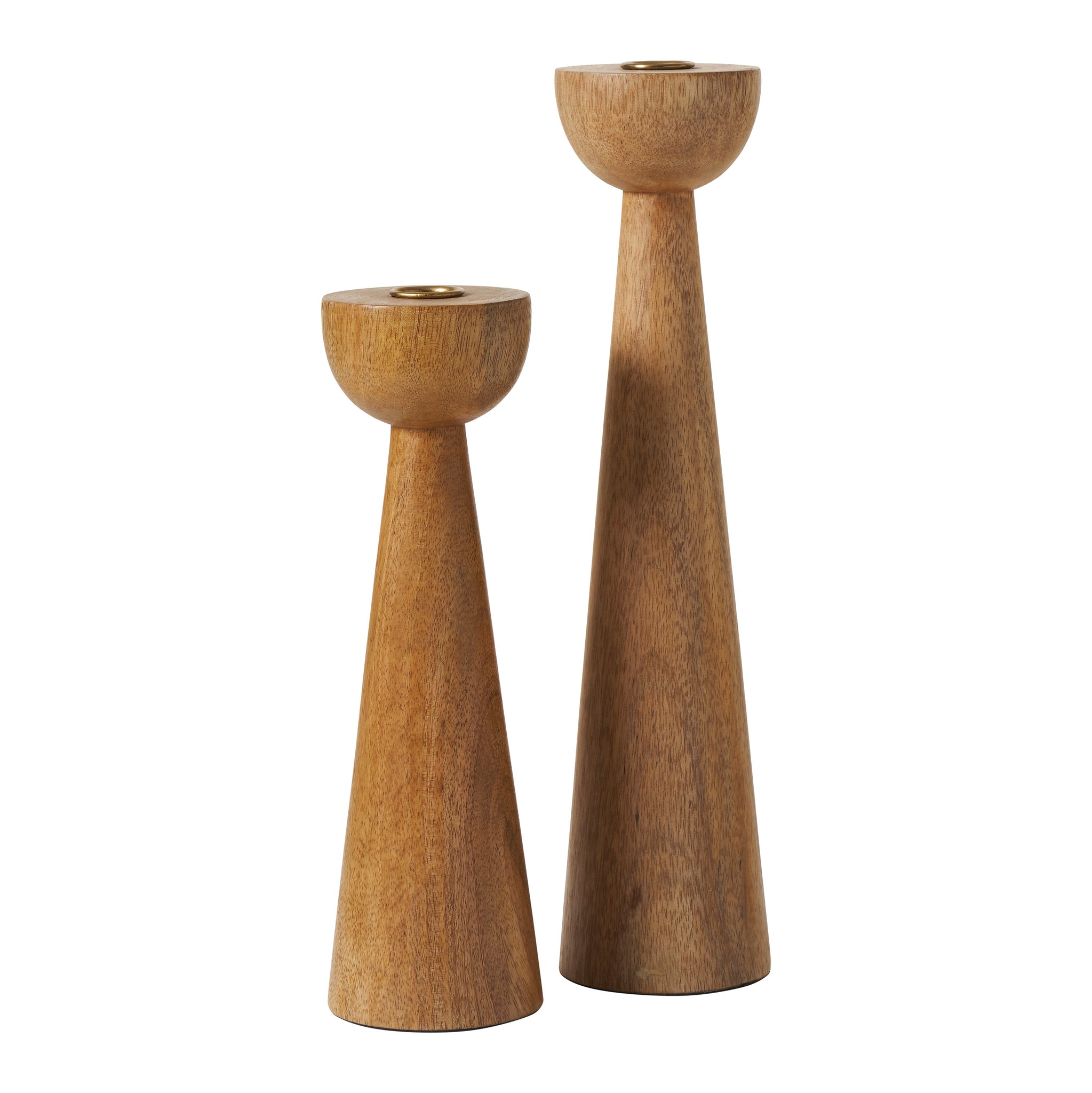 Laurier candle holder set in natural wood finish, featuring two tapered designs.