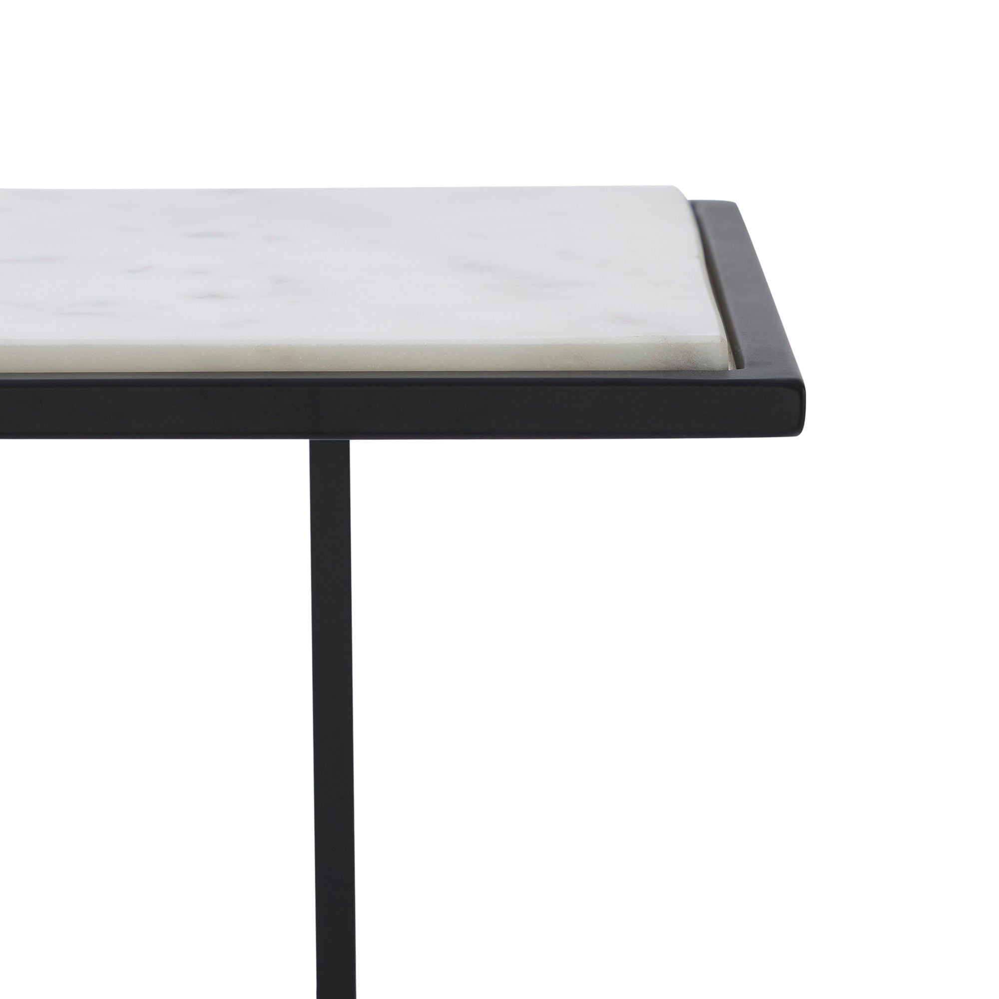 Close-up of Danica Table by Renwil showcasing the white marble surface and black edges.