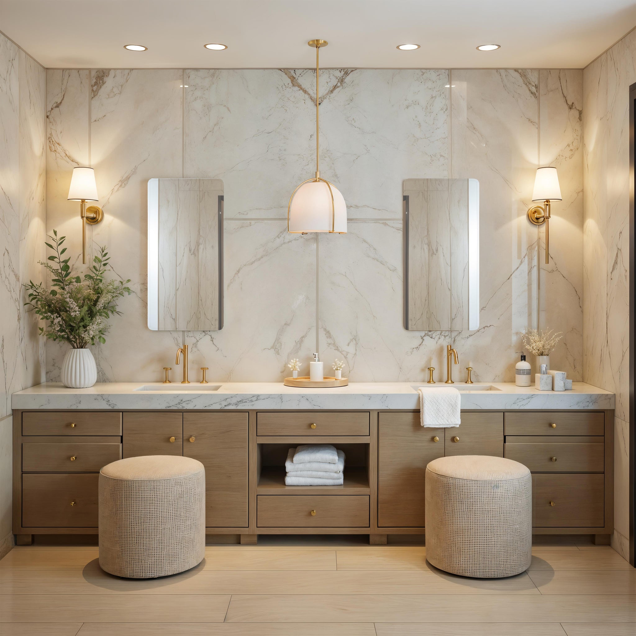 Danske mirror with a sleek design, set against a marble wall in a modern bathroom, featuring gold accents.
