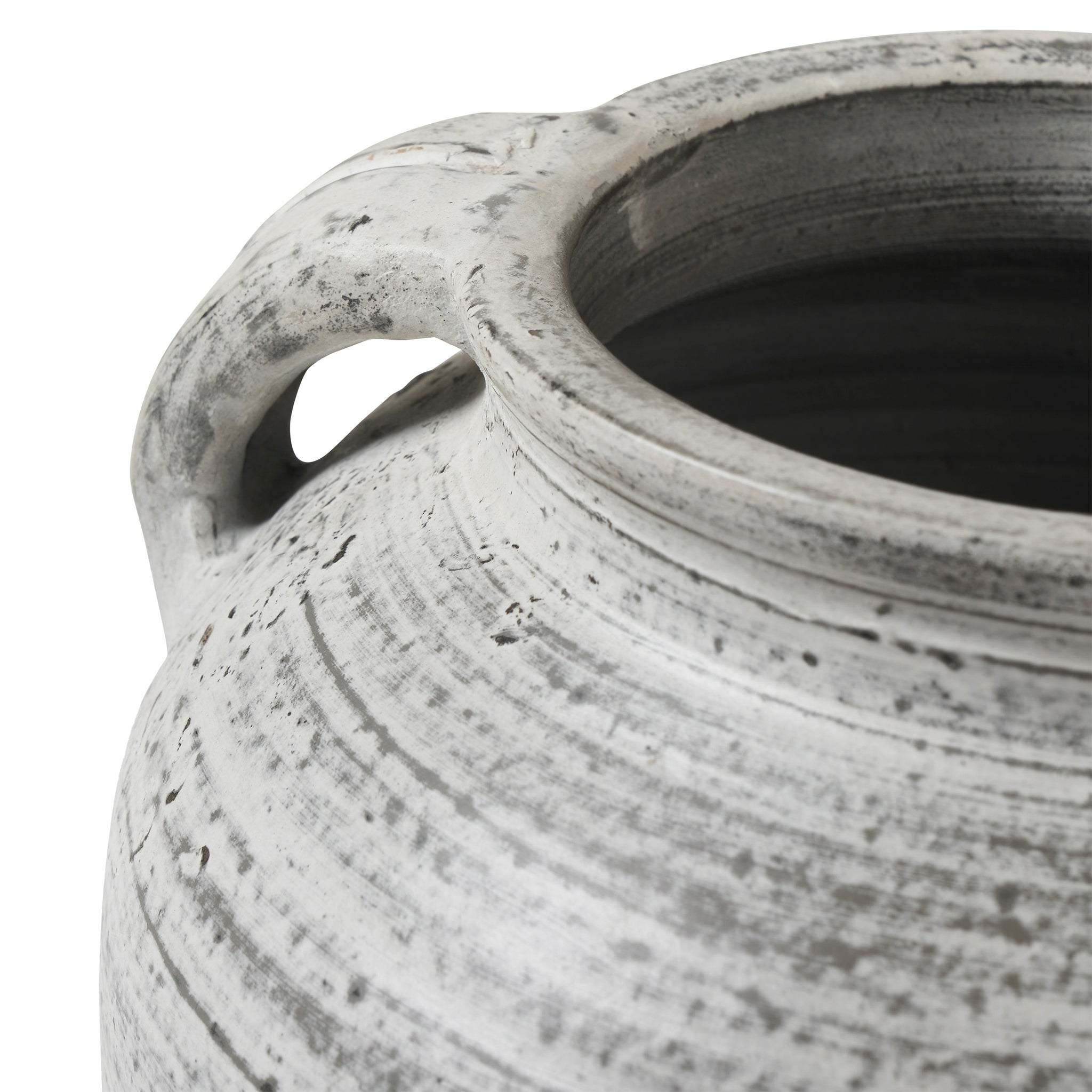 Blanco vase by Renwil, close-up of the rim and handle in gray ceramic