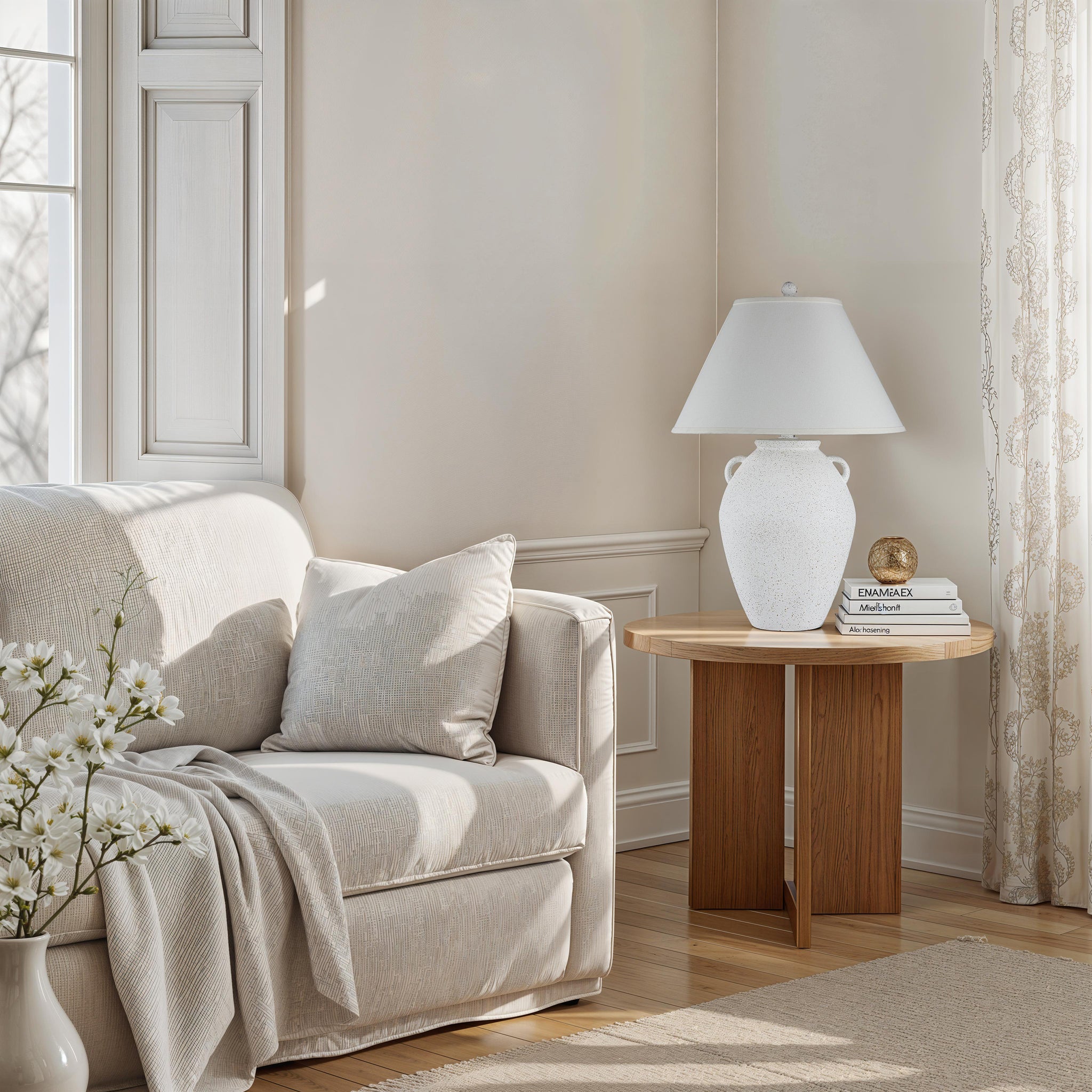 Aloria table lamp on a side table in a cozy living room with natural light