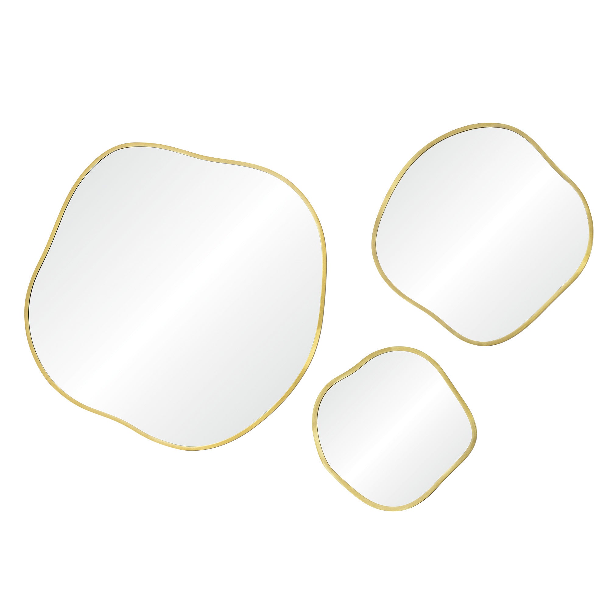 Nucleus Wall Mirror set with three organic-shaped mirrors featuring gold frames.