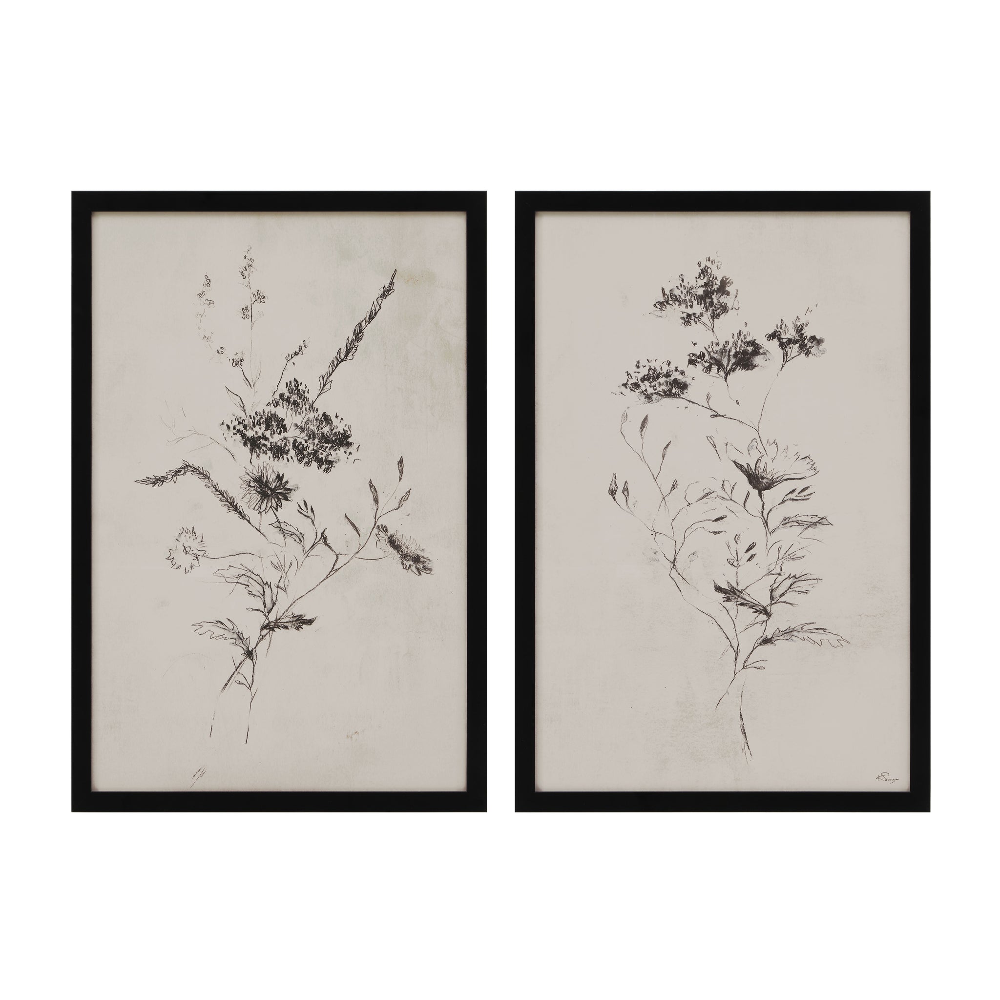 Adeline artwork featuring two floral sketches in black on a beige background, framed in black.