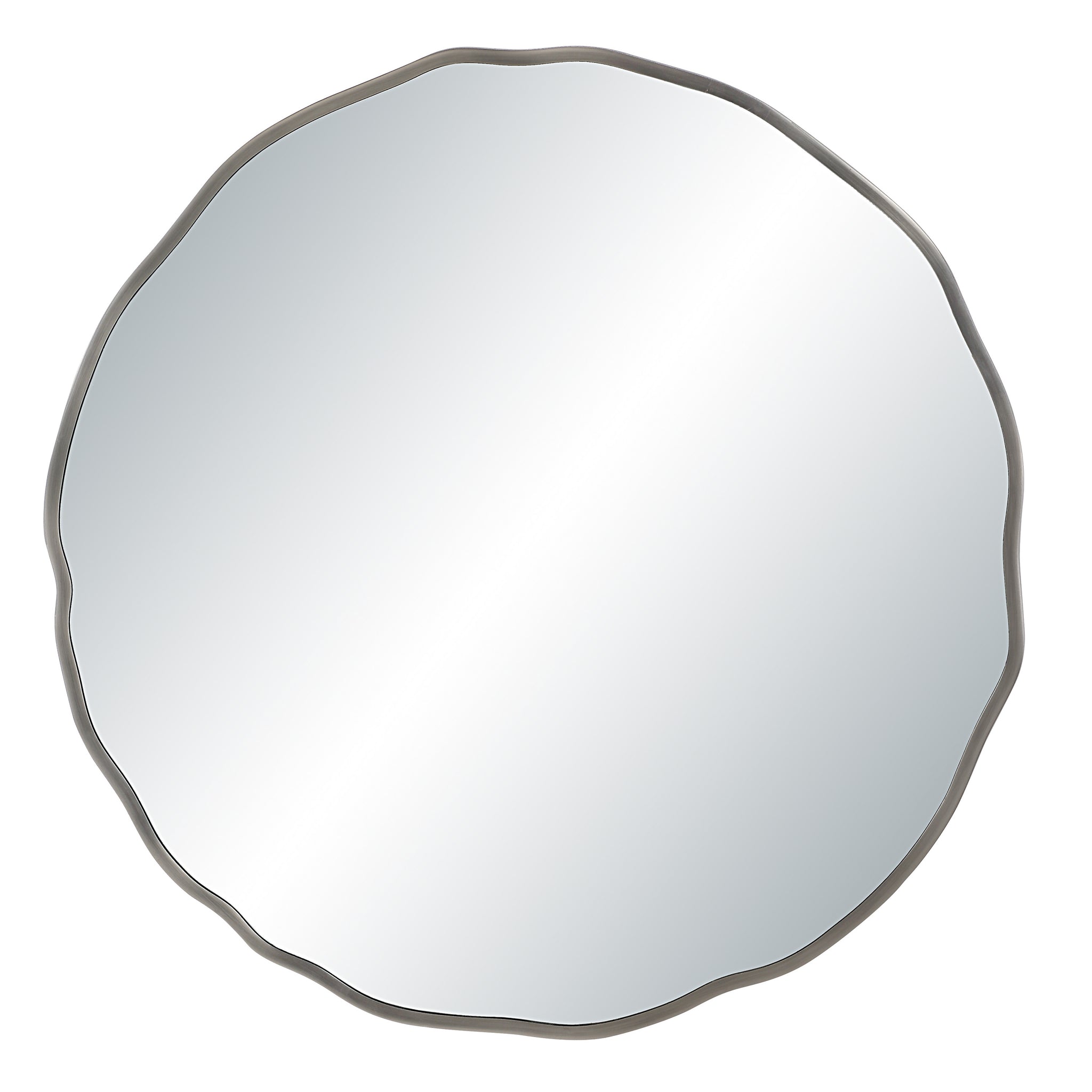 Cerro mirror by Renwil, round shape with a wavy silver frame, reflecting light.
