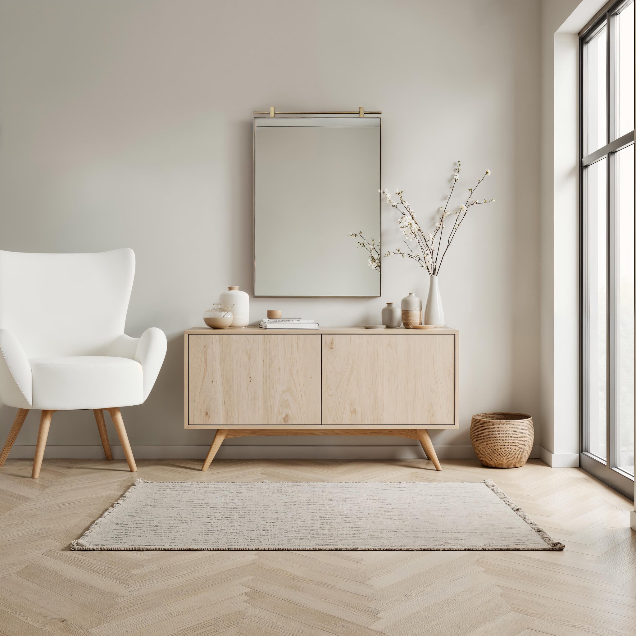 Neem mirror with a sleek design, mounted above a light wood sideboard, complemented by decorative vases and a white chair.