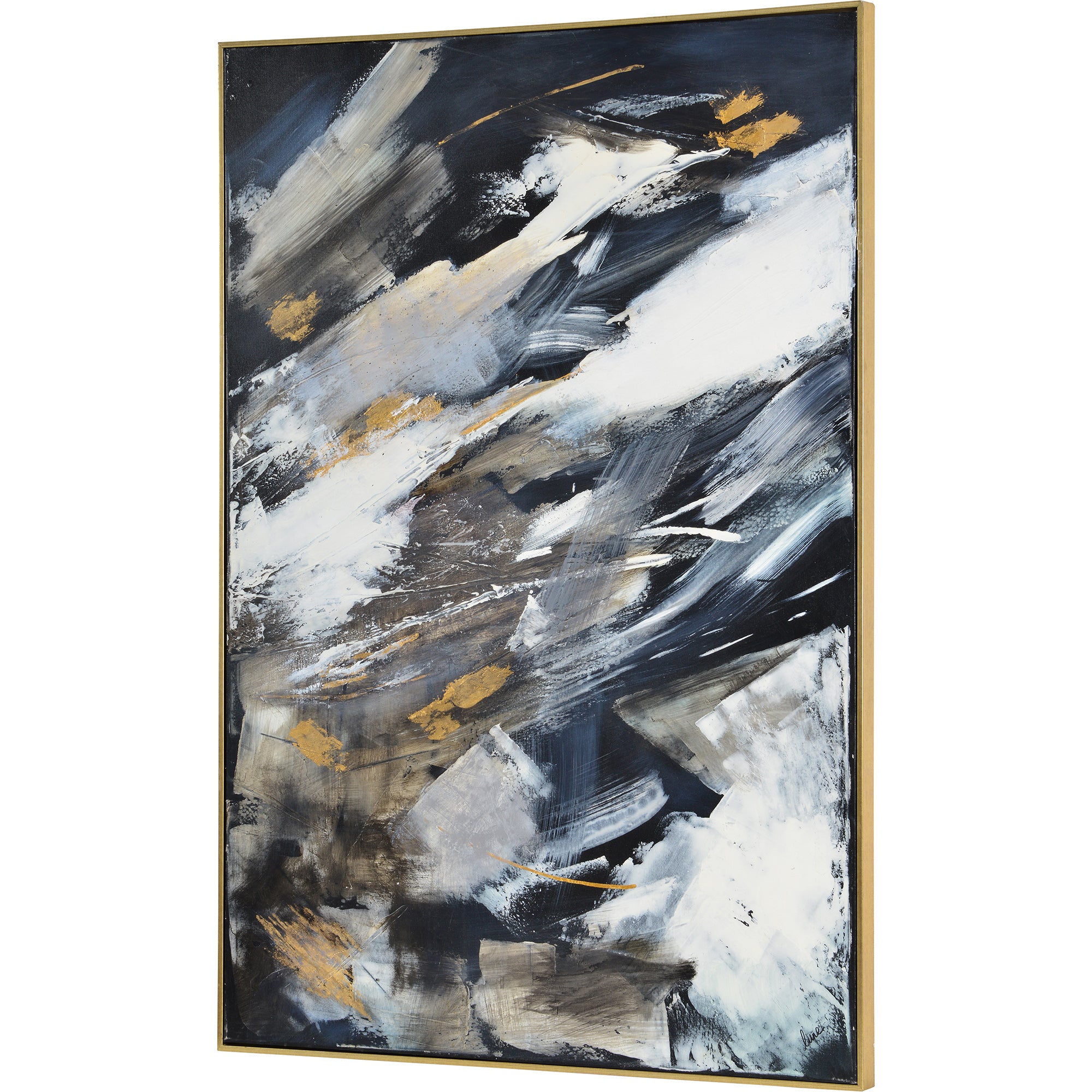 Westmount canvas art with a side view showcasing abstract black, white, and gold brush strokes.