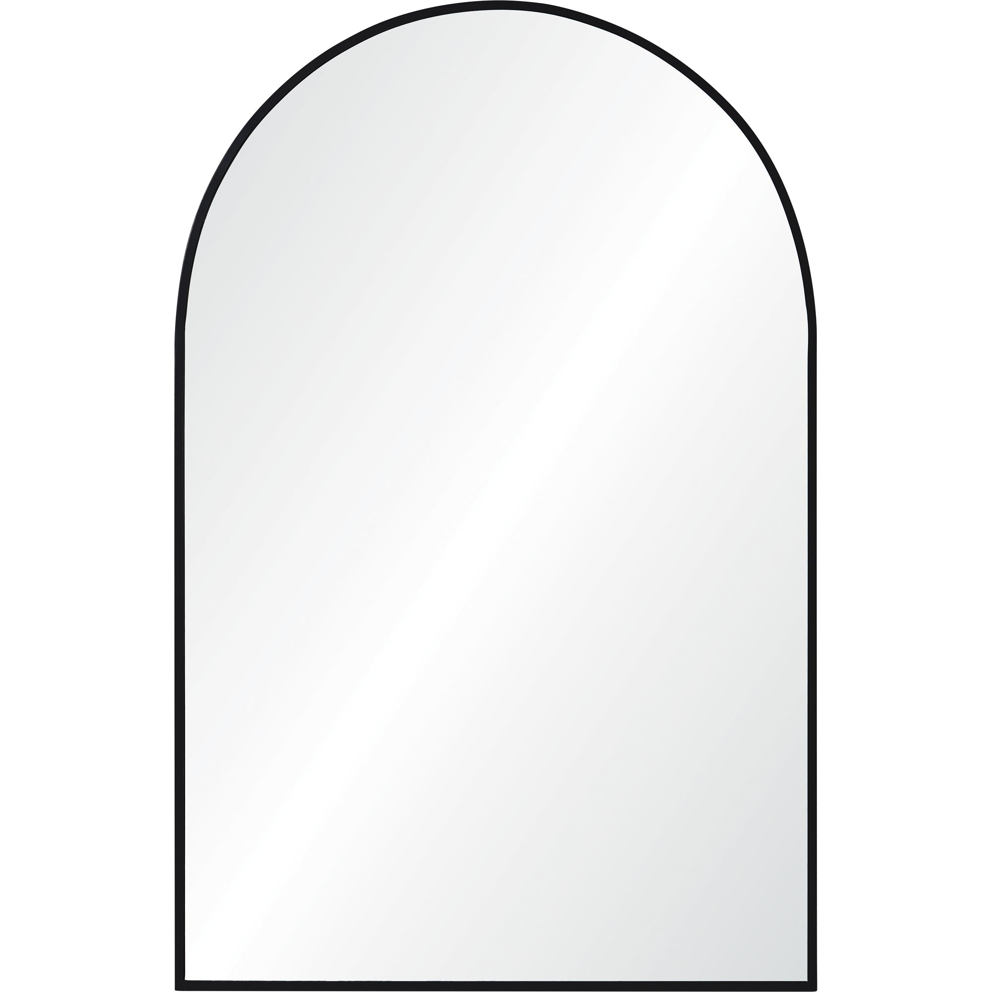 Waren Wall Mirror with a black frame, arched top, reflecting light.