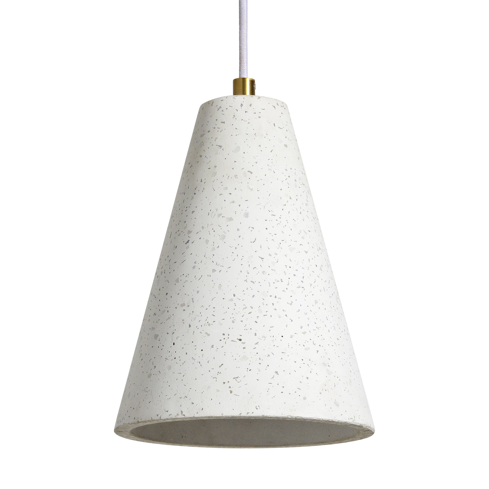 Paula ceiling light fixture in white concrete with speckled texture, cone shape, hanging view.