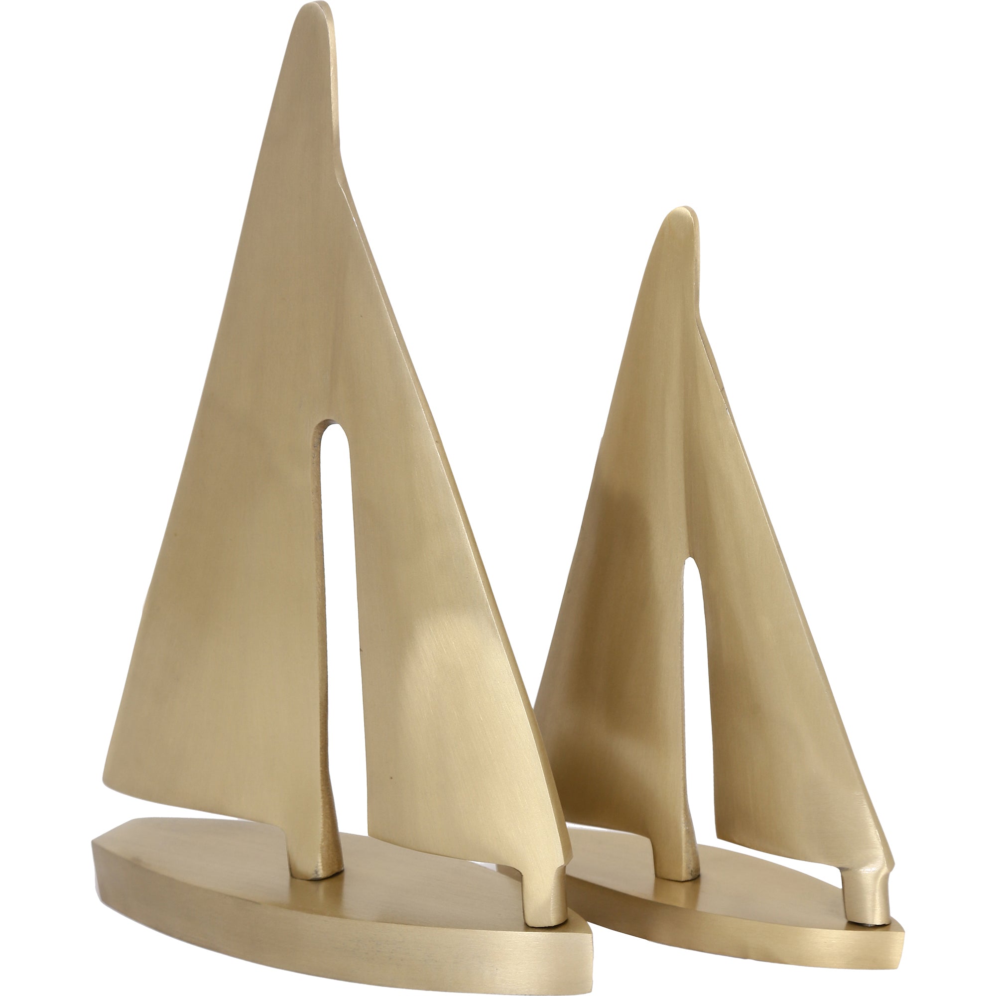 Fable Statue by Renwil, two abstract sailboat sculptures in brushed gold finish.