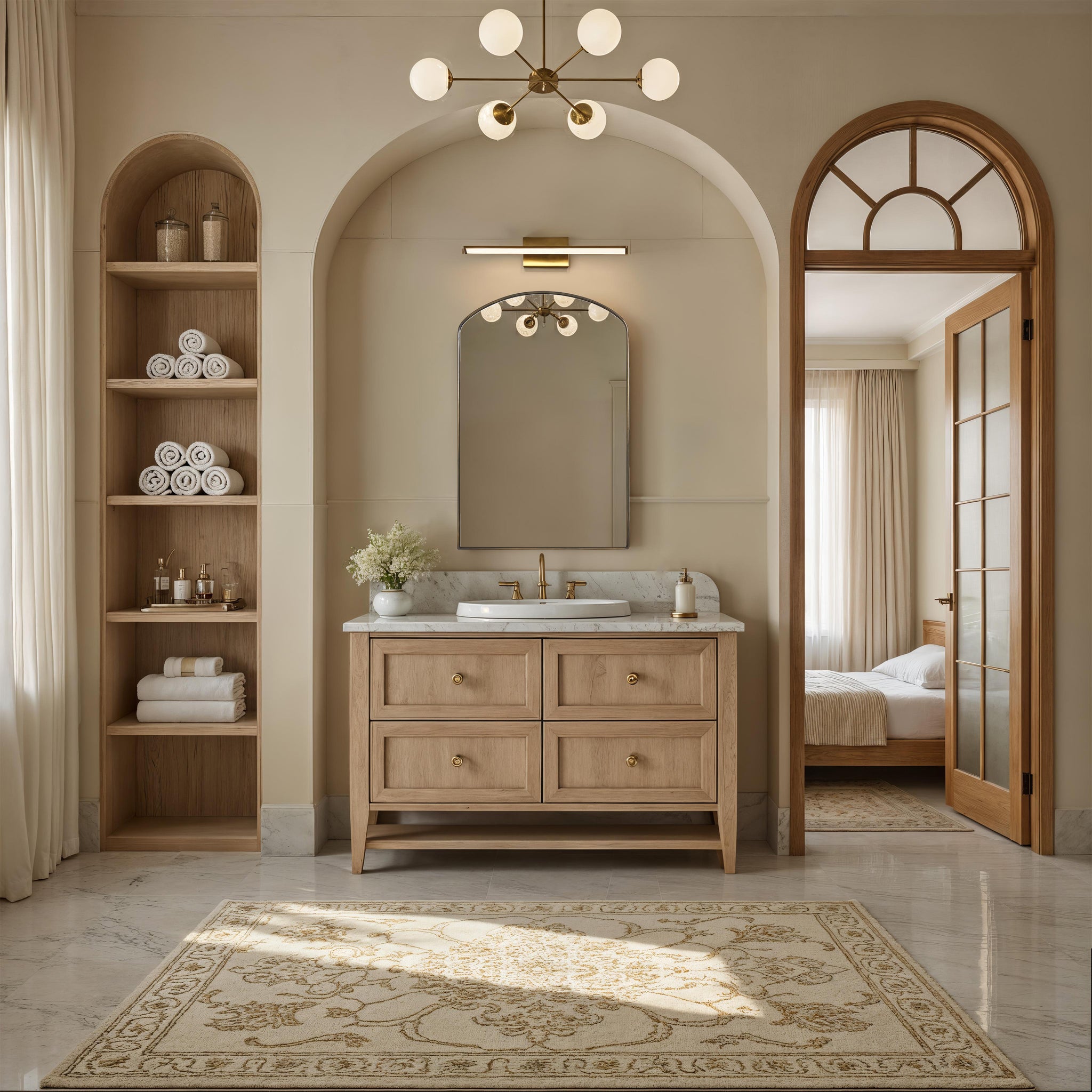 Bathroom setting featuring the Clarisse mirror above a wooden vanity, with soft lighting and decorative elements.