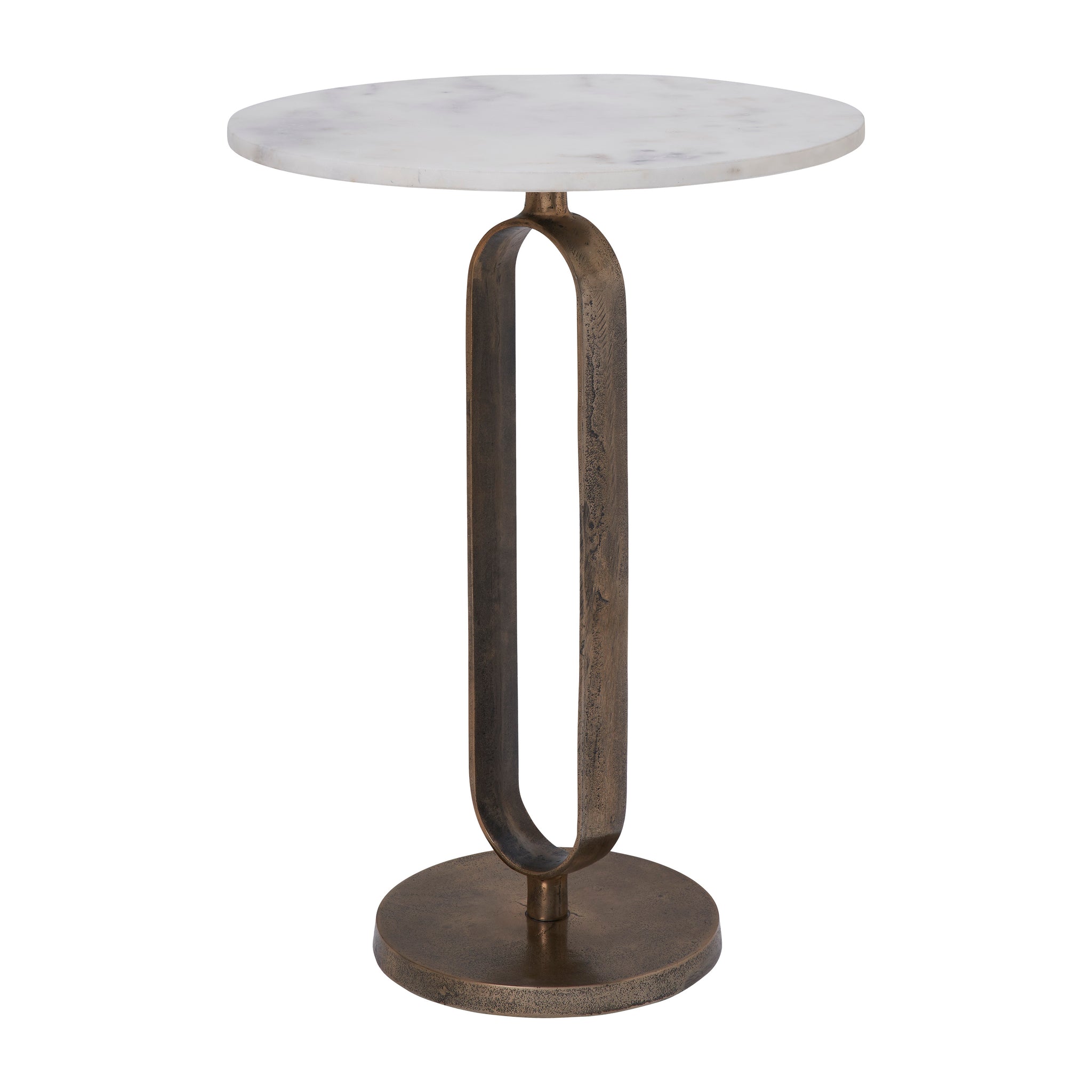 Irene Side Table with a round white marble top and bronze metal base