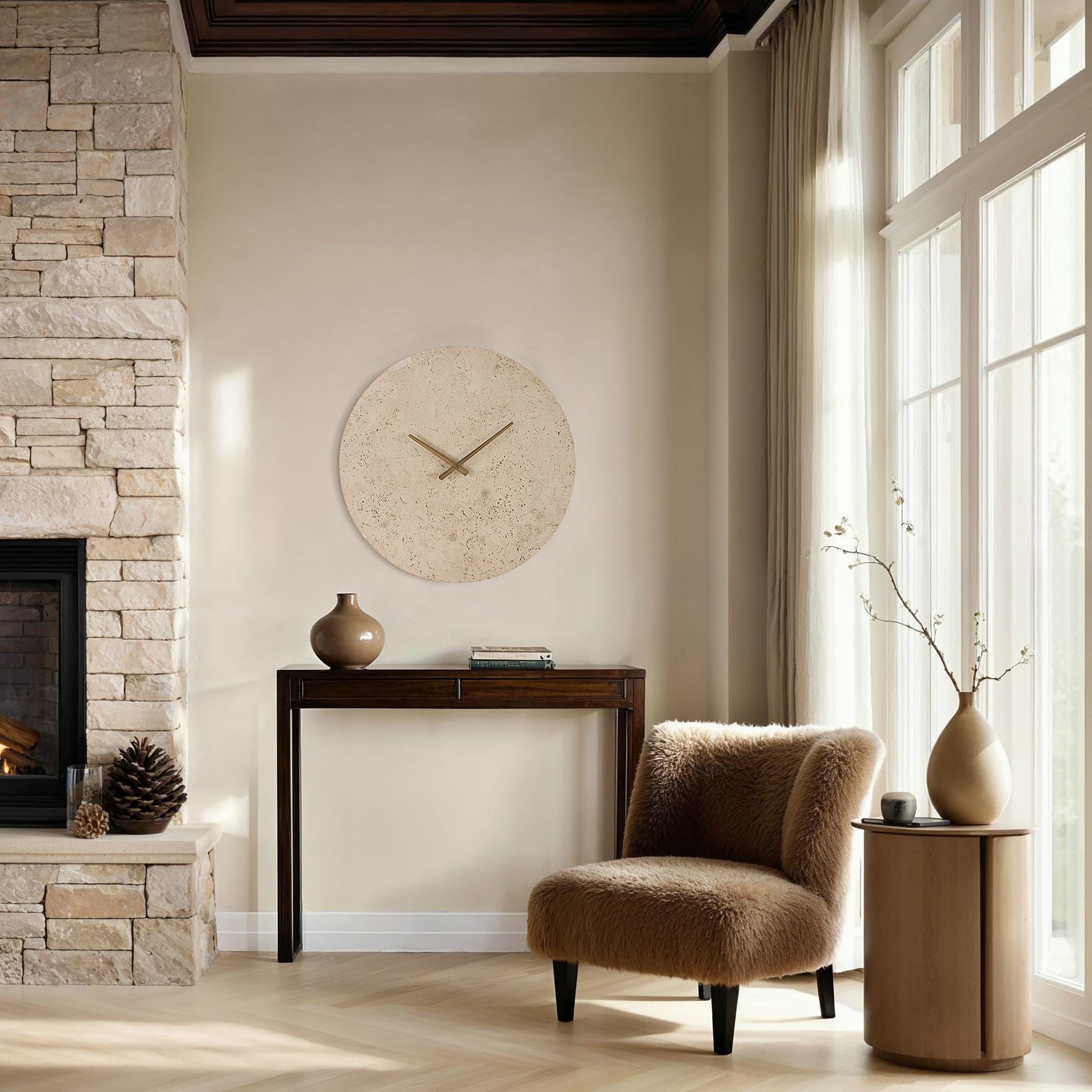 Fusion book holder displayed in a cozy living room setting with a stone fireplace.