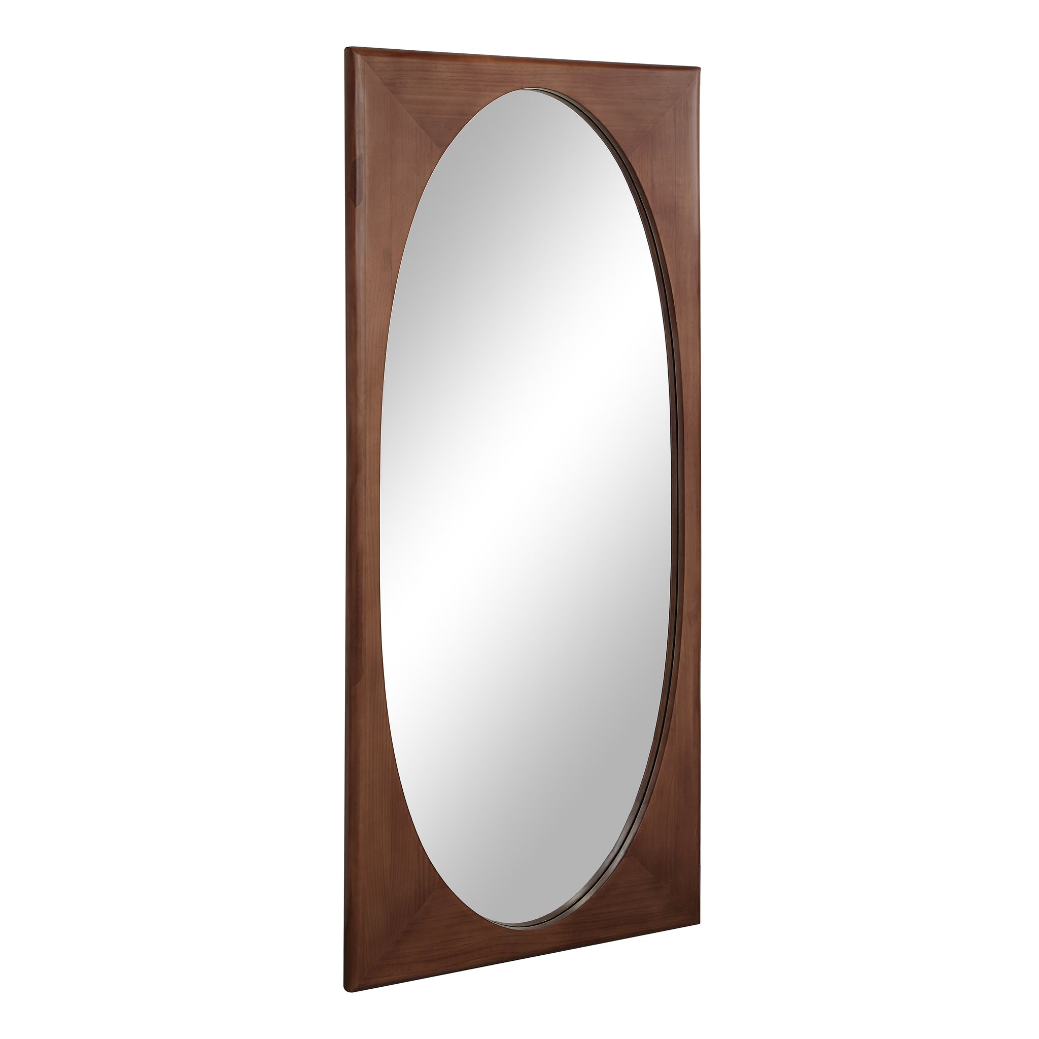 Sitia mirror by Renwil featuring a brown wooden frame, oval shape, angled view.