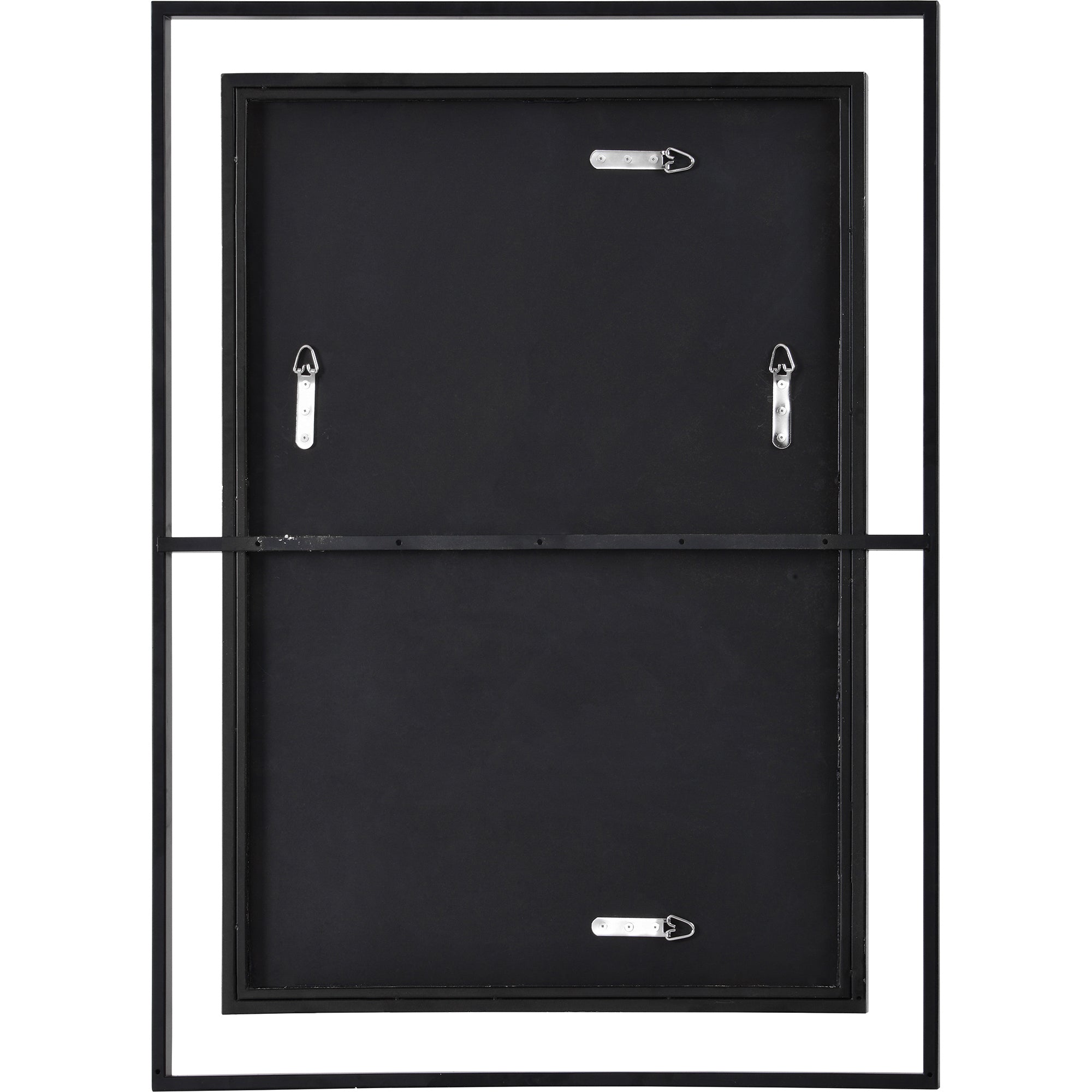 Back view of a gray wall mirror with a black backing and mounting hardware.