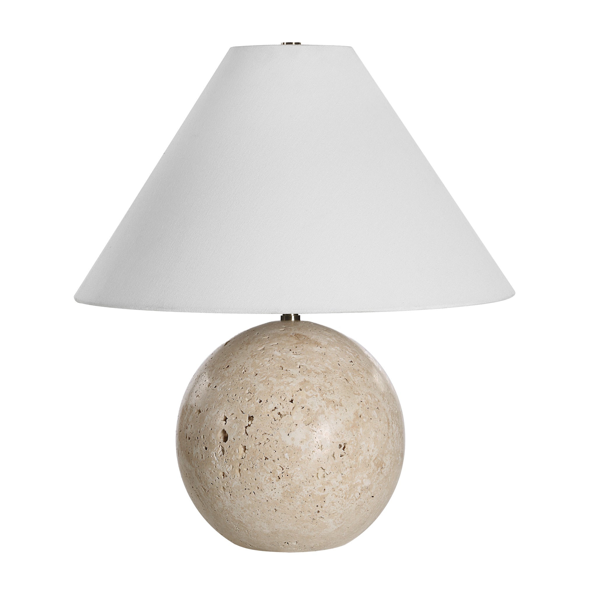 Assen Table Lamp with a round beige stone base and a white fabric shade.