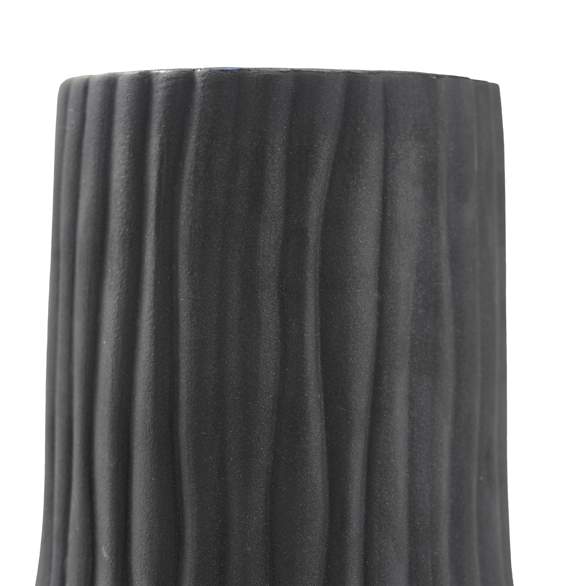 Nocera Vase by Renwil, close-up of the top ribbed section of the black ceramic vase