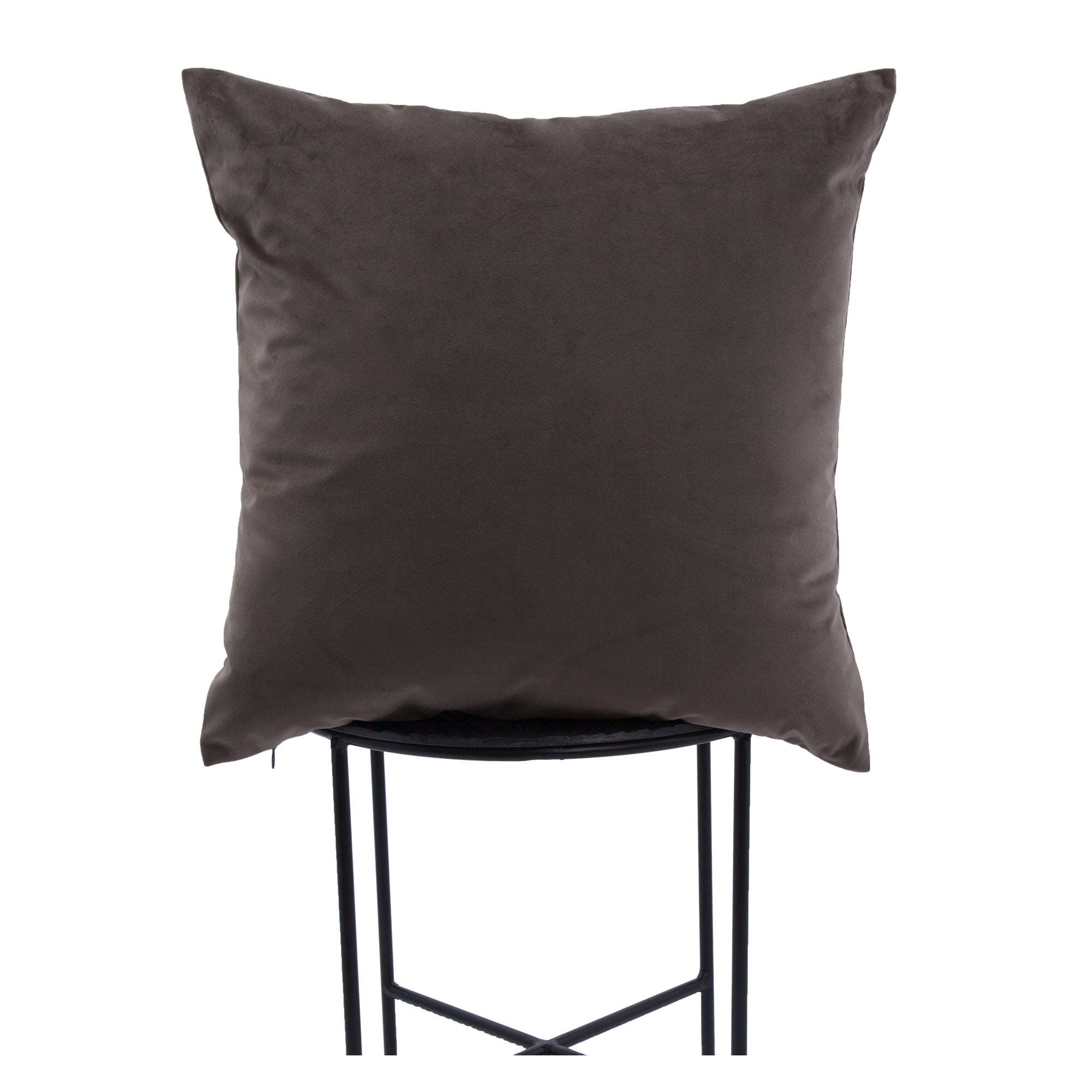 Chestnut Indoor Pillow in dark brown velvet, displayed on a black metal stand.