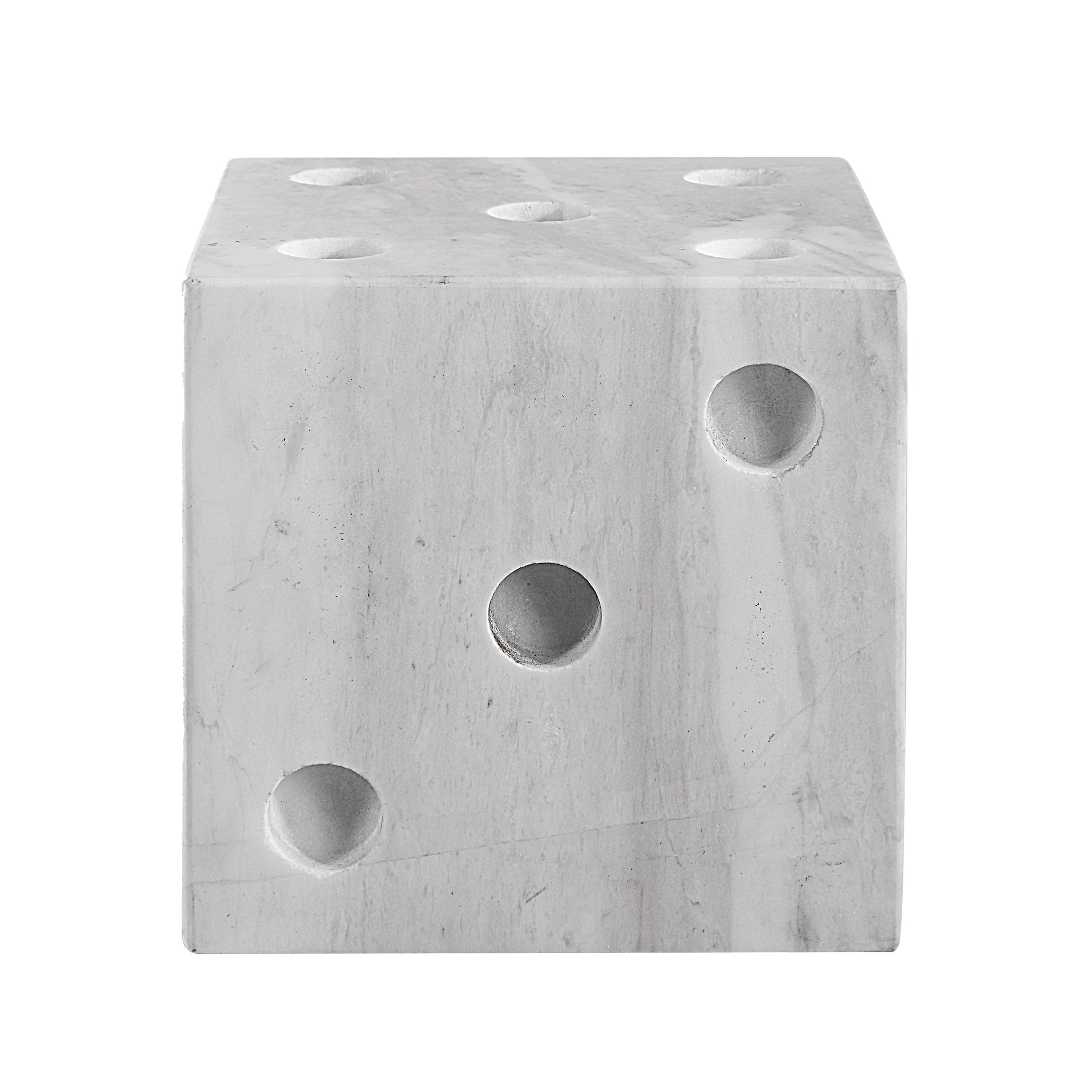 Dylon statue, white marble cube, six drilled holes, minimalist style