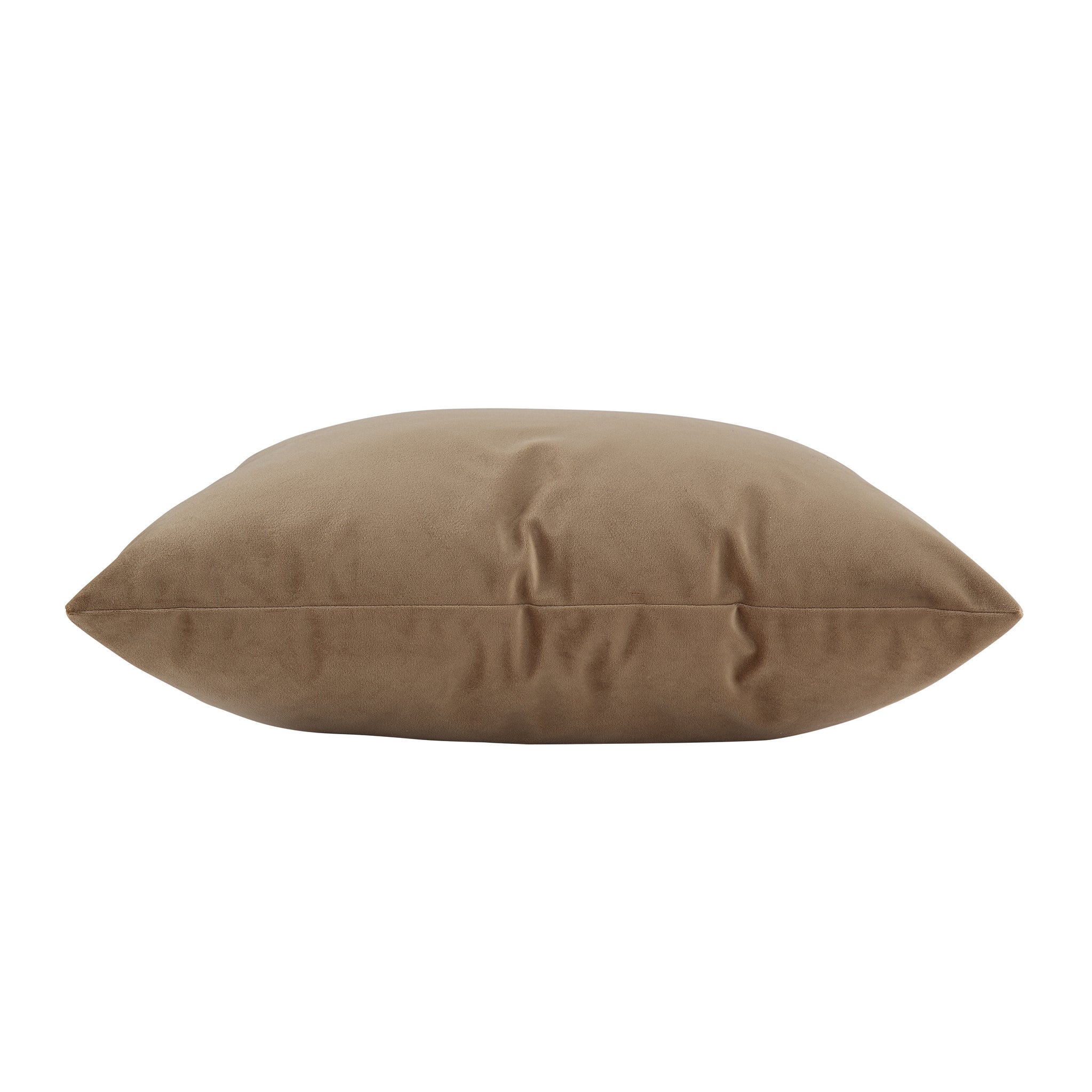 Alchemilla Indoor Pillow in brown velvet, viewed from the side, slim profile.