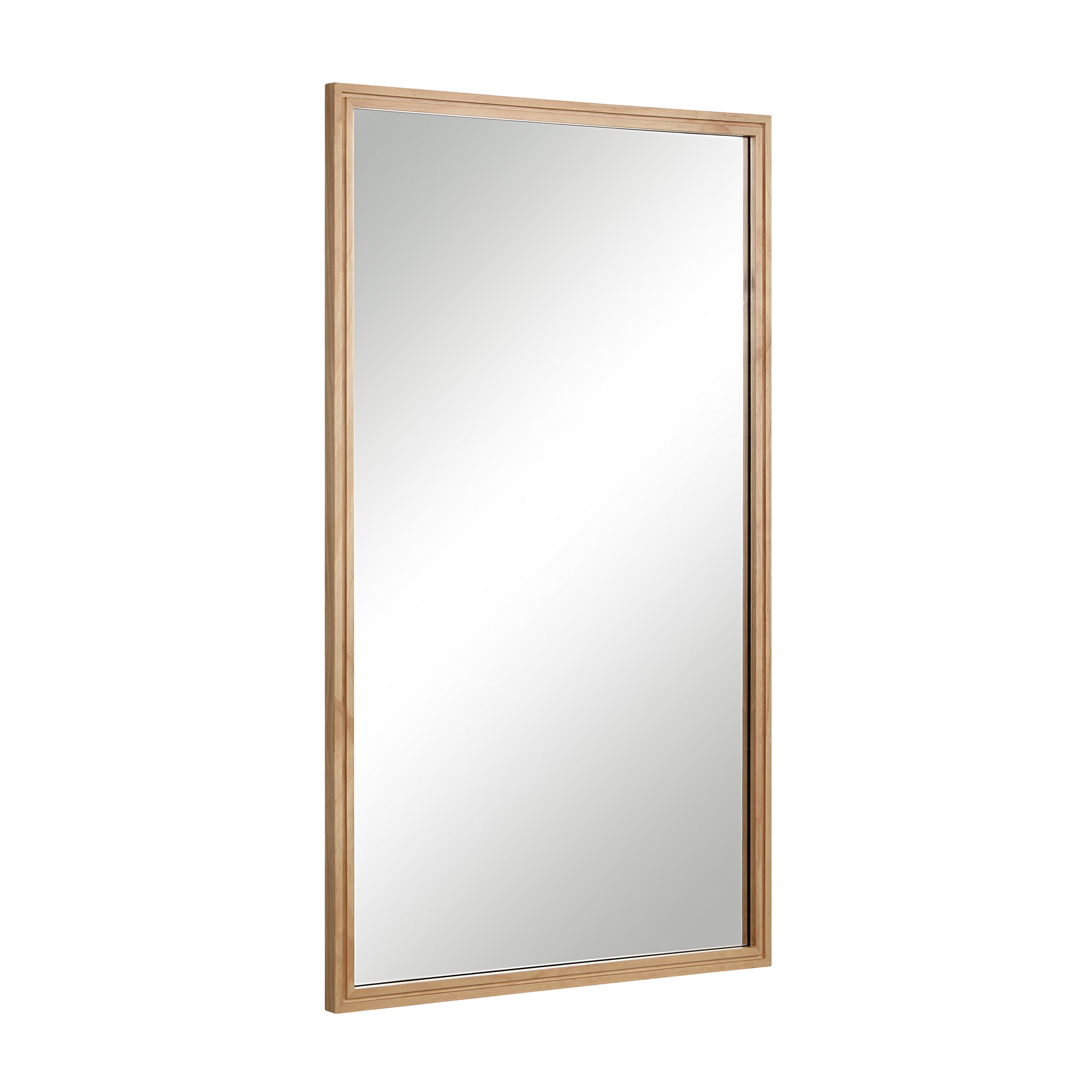 Canas mirror angled view showcasing a natural wood frame and clear reflective surface.
