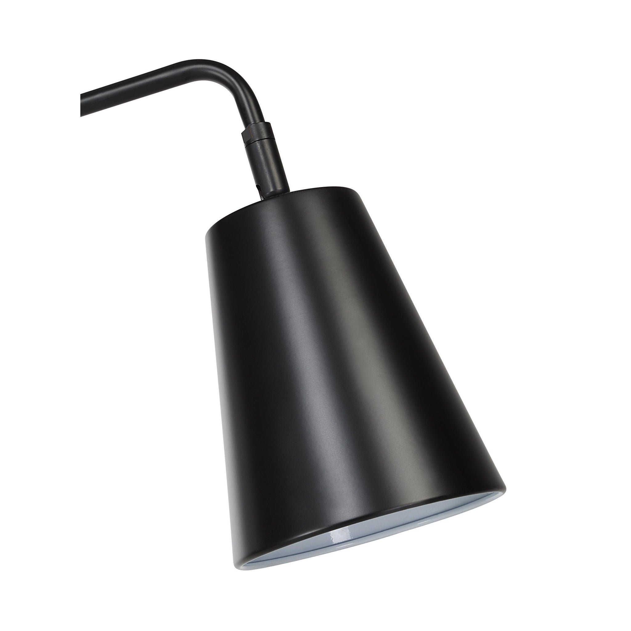Close-up of Nottingham floor lamp's black conical shade and arm